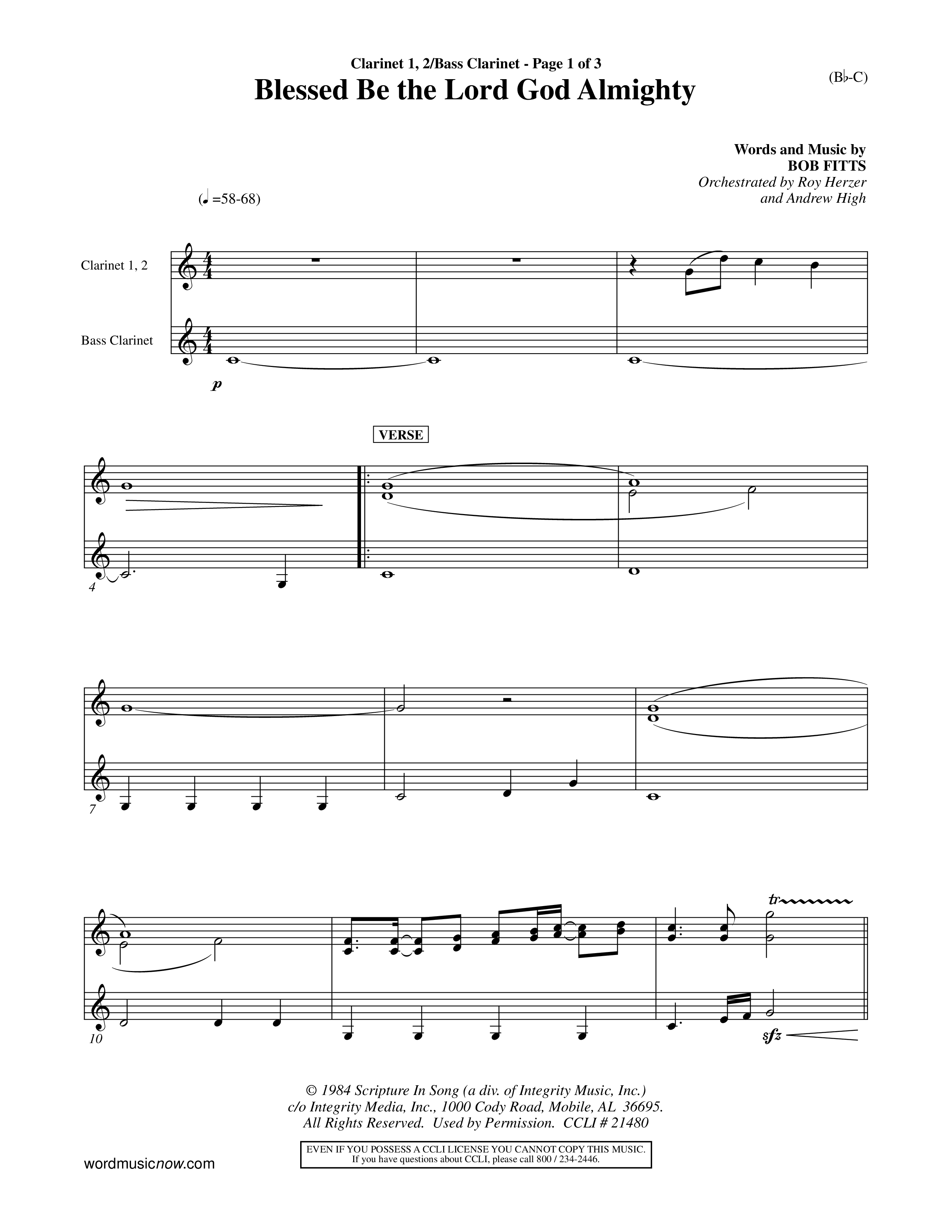 Blessed Be The Lord God Almighty (Choral Anthem SATB) Clarinet 1/2, Bass Clarinet (Word Music Choral / Orch. Roy Herzer / Orch. Andrew High)
