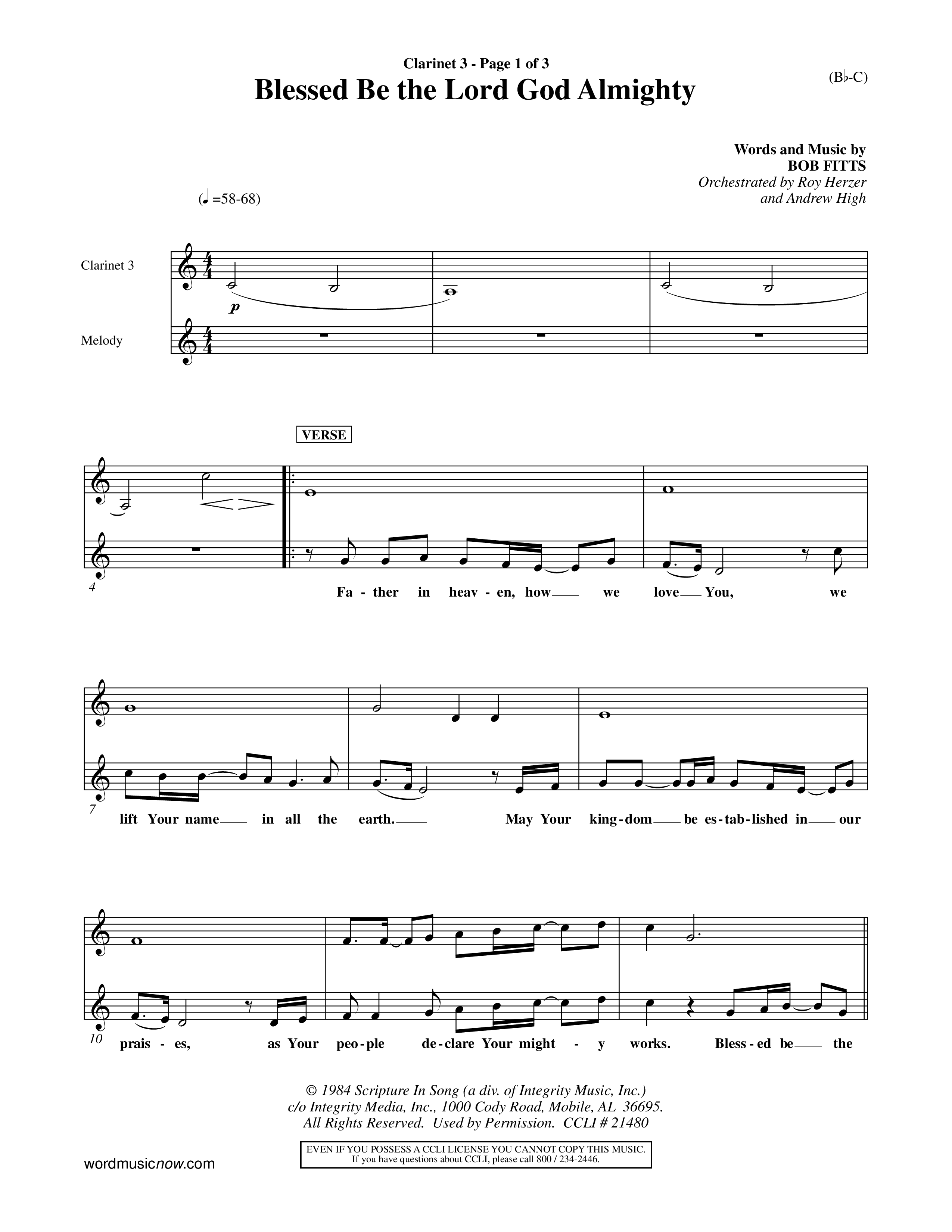 Blessed Be The Lord God Almighty (Choral Anthem SATB) Clarinet 3 (Word Music Choral / Orch. Roy Herzer / Orch. Andrew High)