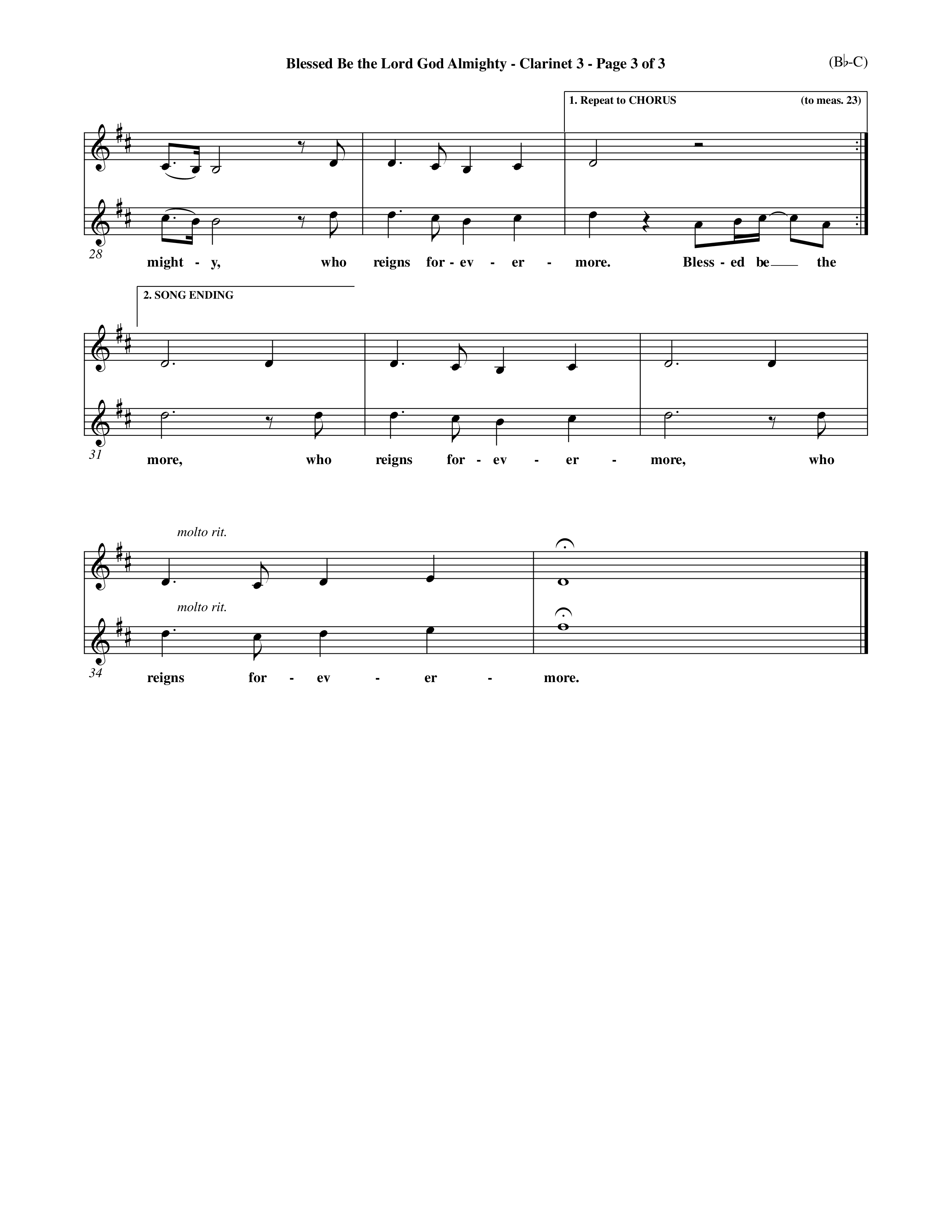 Blessed Be The Lord God Almighty (Choral Anthem SATB) Clarinet 3 (Word Music Choral / Orch. Roy Herzer / Orch. Andrew High)