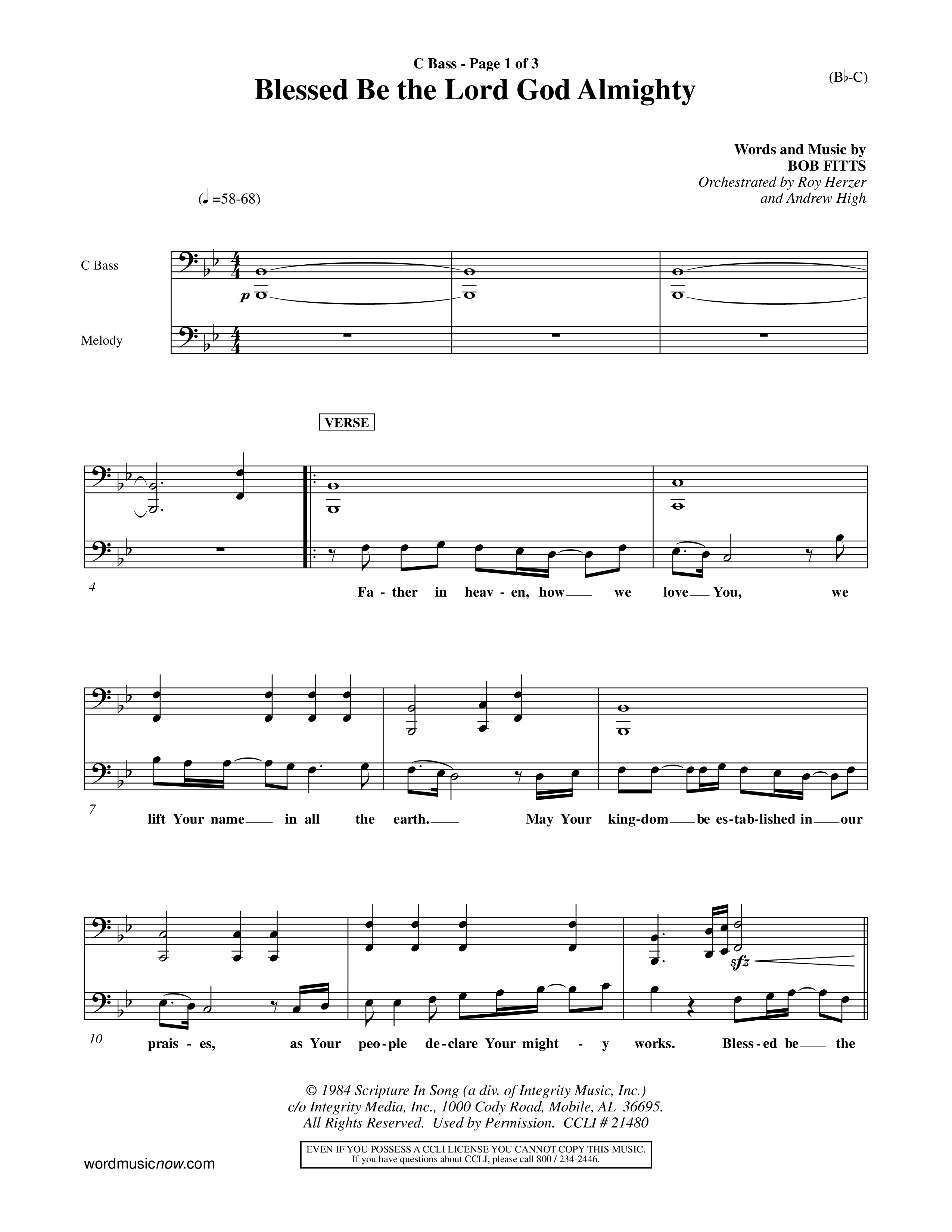 Blessed Be The Lord God Almighty (Choral Anthem SATB) Contrabass (Word Music Choral / Orch. Roy Herzer / Orch. Andrew High)