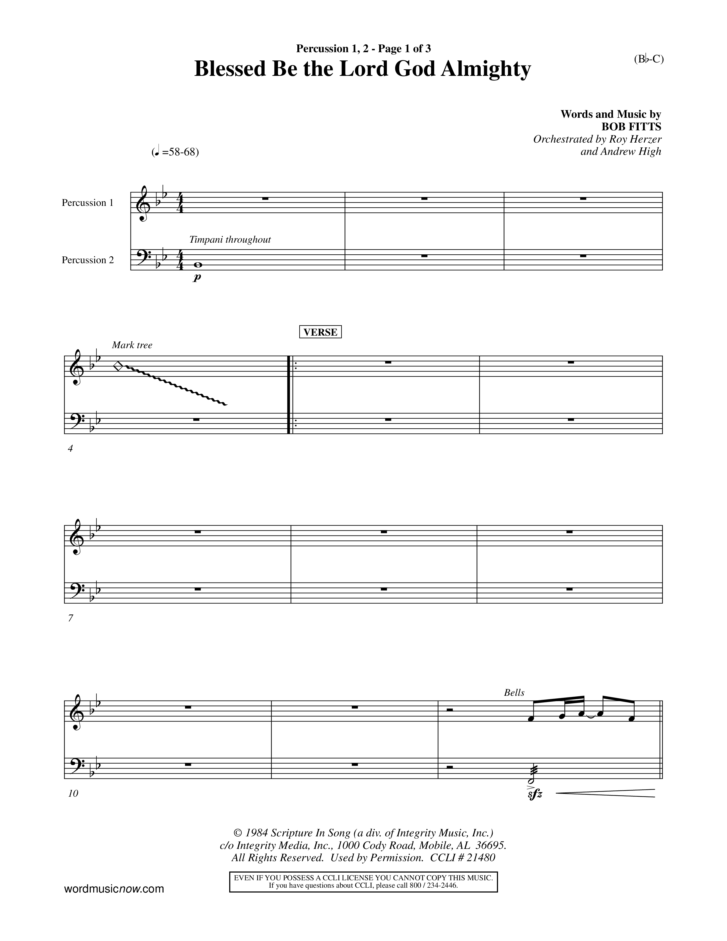 Blessed Be The Lord God Almighty (Choral Anthem SATB) Percussion 1/2 (Word Music Choral / Orch. Roy Herzer / Orch. Andrew High)