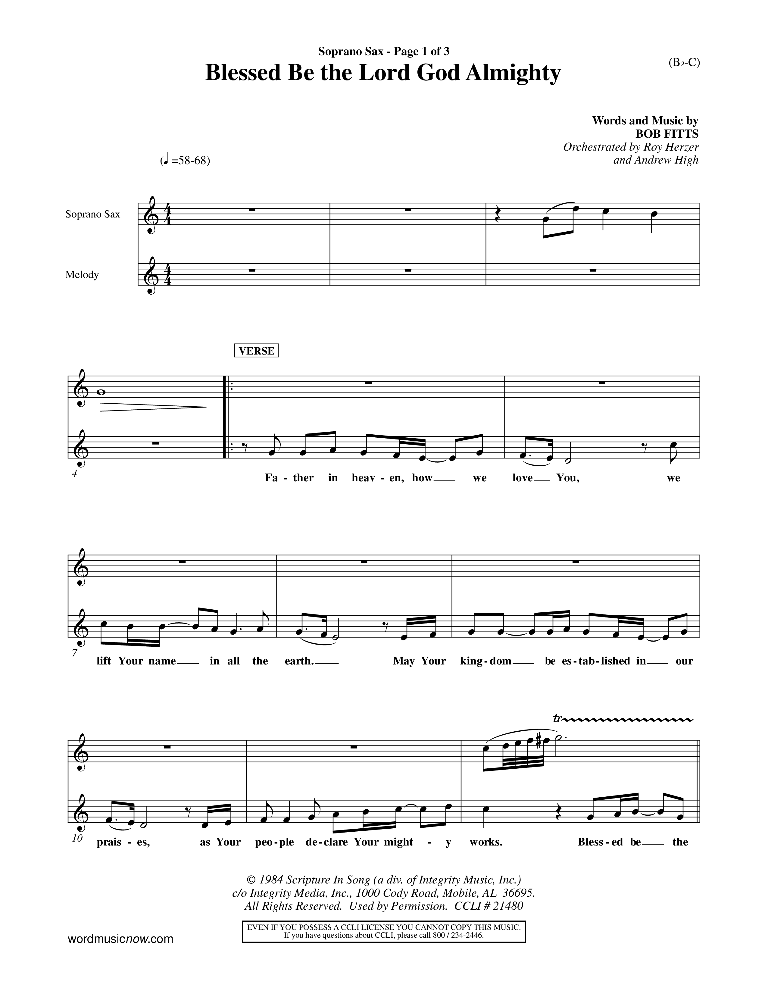 Blessed Be The Lord God Almighty (Choral Anthem SATB) Saxophone (Word Music Choral / Orch. Roy Herzer / Orch. Andrew High)