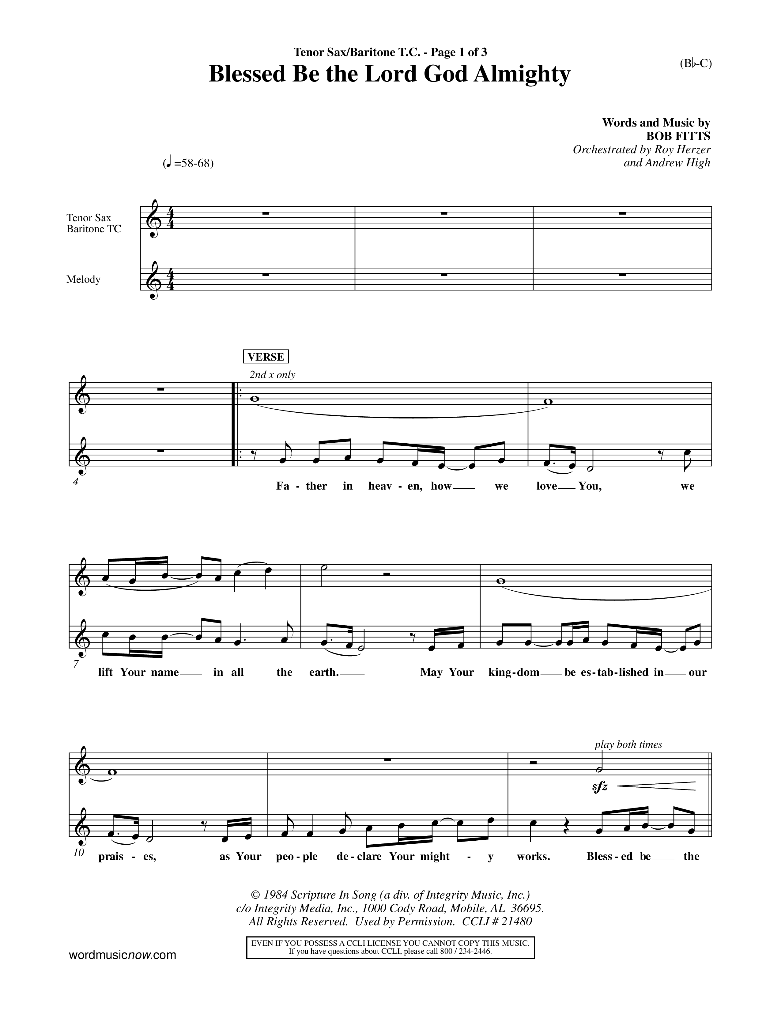 Blessed Be The Lord God Almighty (Choral Anthem SATB) Tenor Sax/Baritone T.C. (Word Music Choral / Orch. Roy Herzer / Orch. Andrew High)