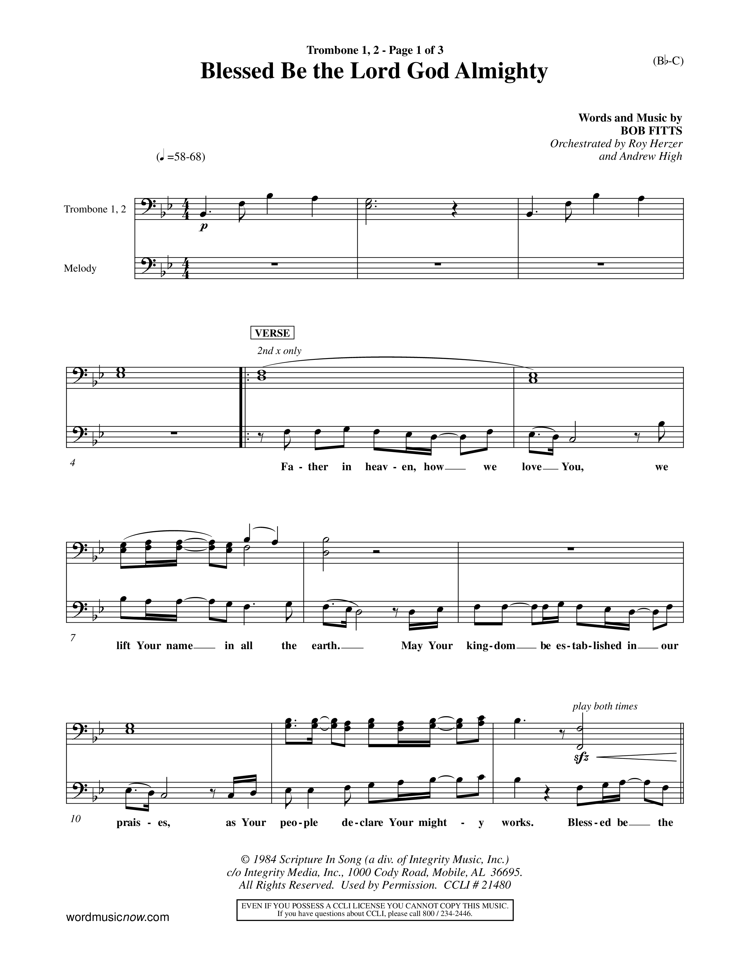 Blessed Be The Lord God Almighty (Choral Anthem SATB) Trombone 1/2 (Word Music Choral / Orch. Roy Herzer / Orch. Andrew High)