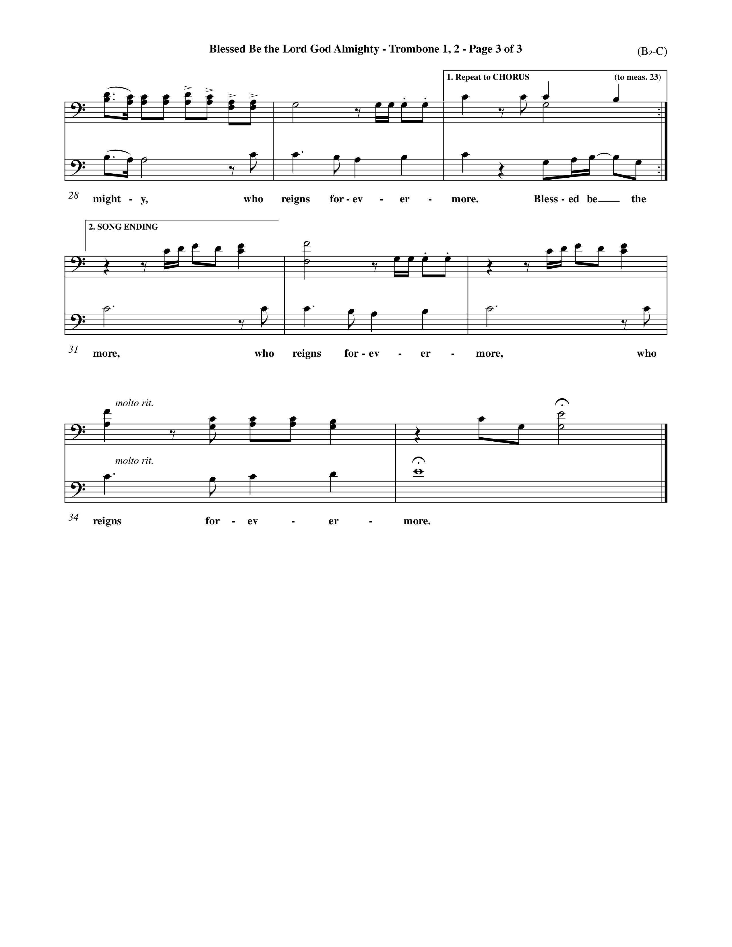 Blessed Be The Lord God Almighty (Choral Anthem SATB) Trombone 1/2 (Word Music Choral / Orch. Roy Herzer / Orch. Andrew High)