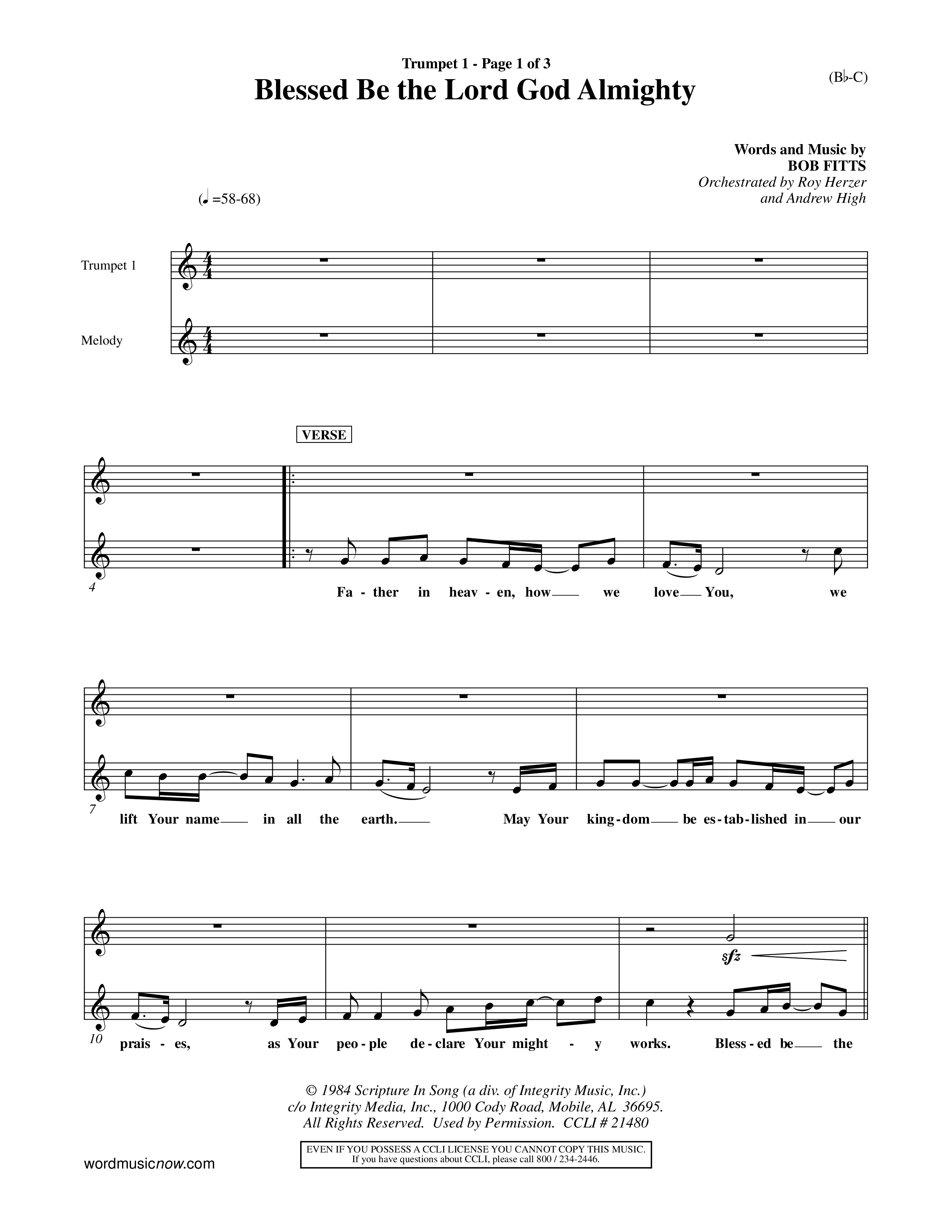 Blessed Be The Lord God Almighty (Choral Anthem SATB) Trumpet 1 (Word Music Choral / Orch. Roy Herzer / Orch. Andrew High)