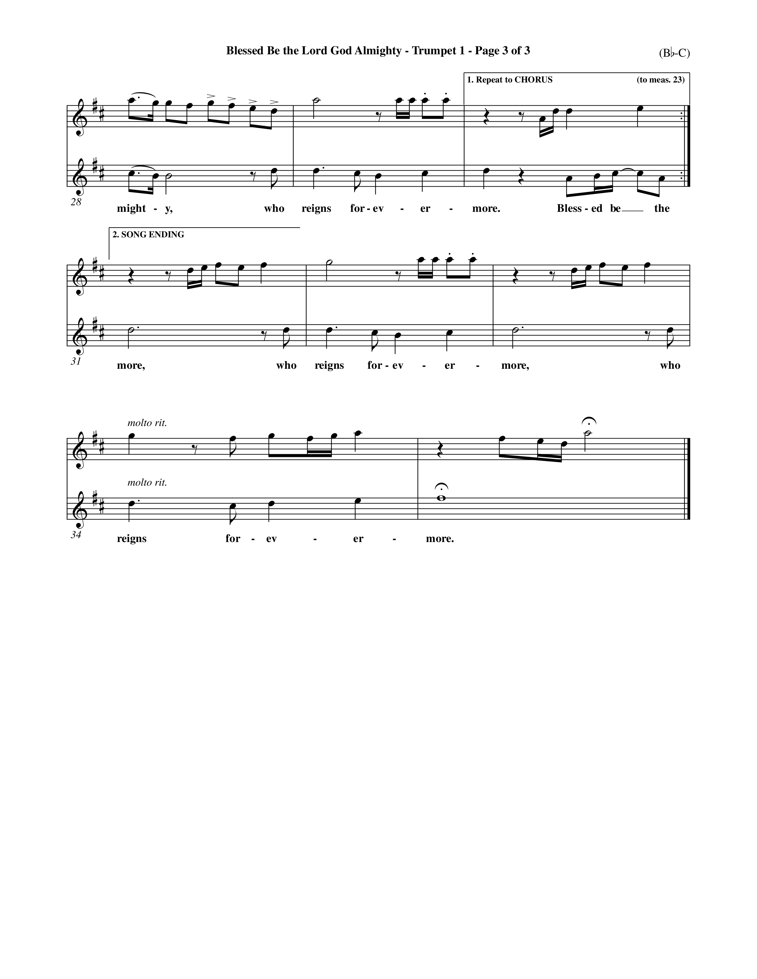 Blessed Be The Lord God Almighty (Choral Anthem SATB) Trumpet 1 (Word Music Choral / Orch. Roy Herzer / Orch. Andrew High)