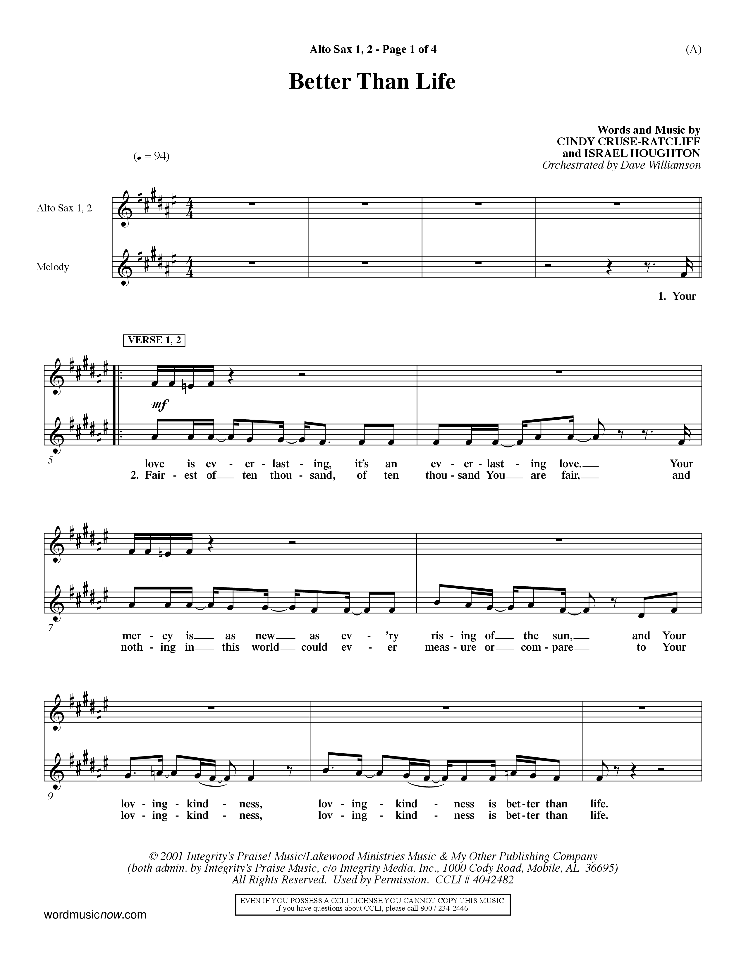 Better Than Life (Choral Anthem SATB) Alto Sax 1/2 (Word Music Choral / Orch. Dave Williamson)