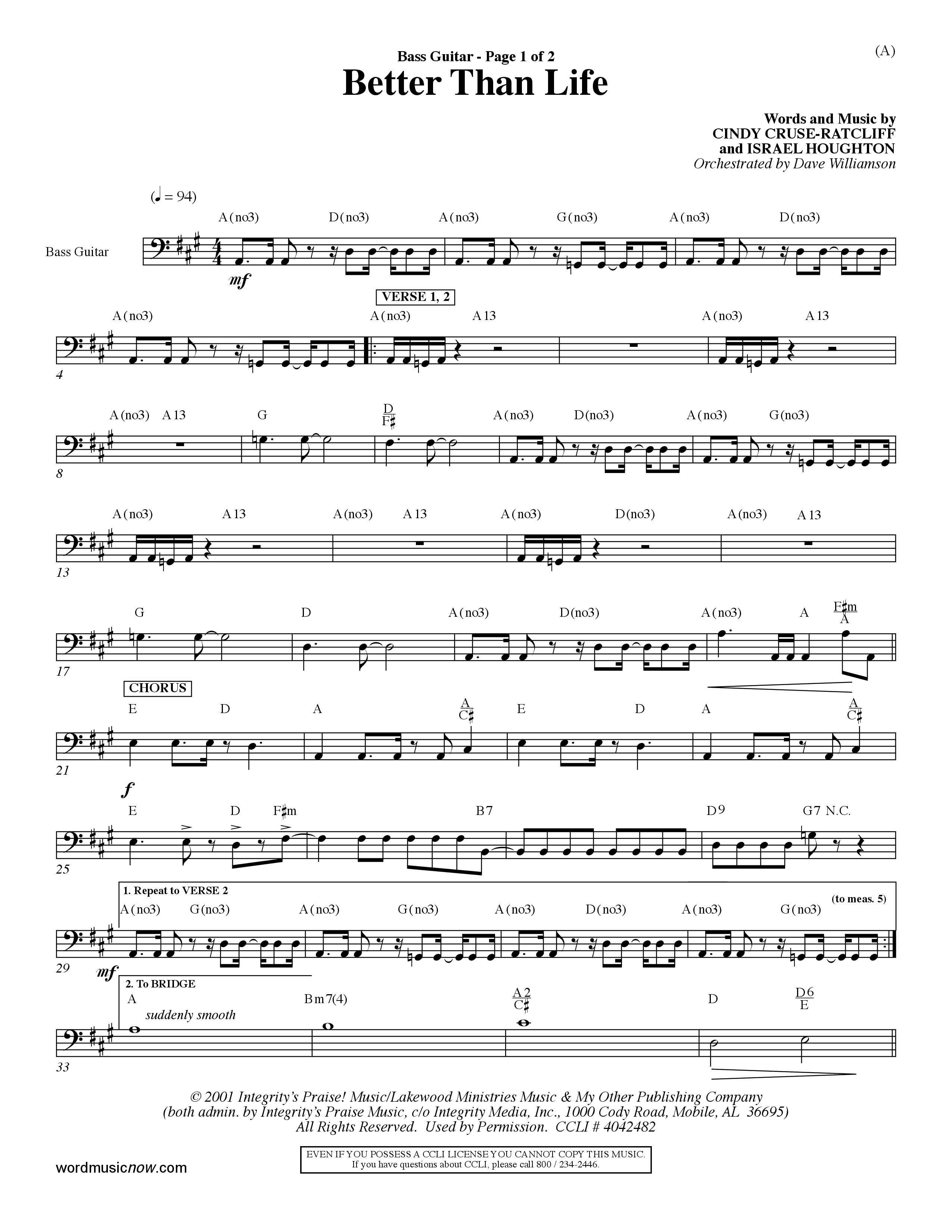 Better Than Life (Choral Anthem SATB) Bass Guitar (Word Music Choral / Orch. Dave Williamson)