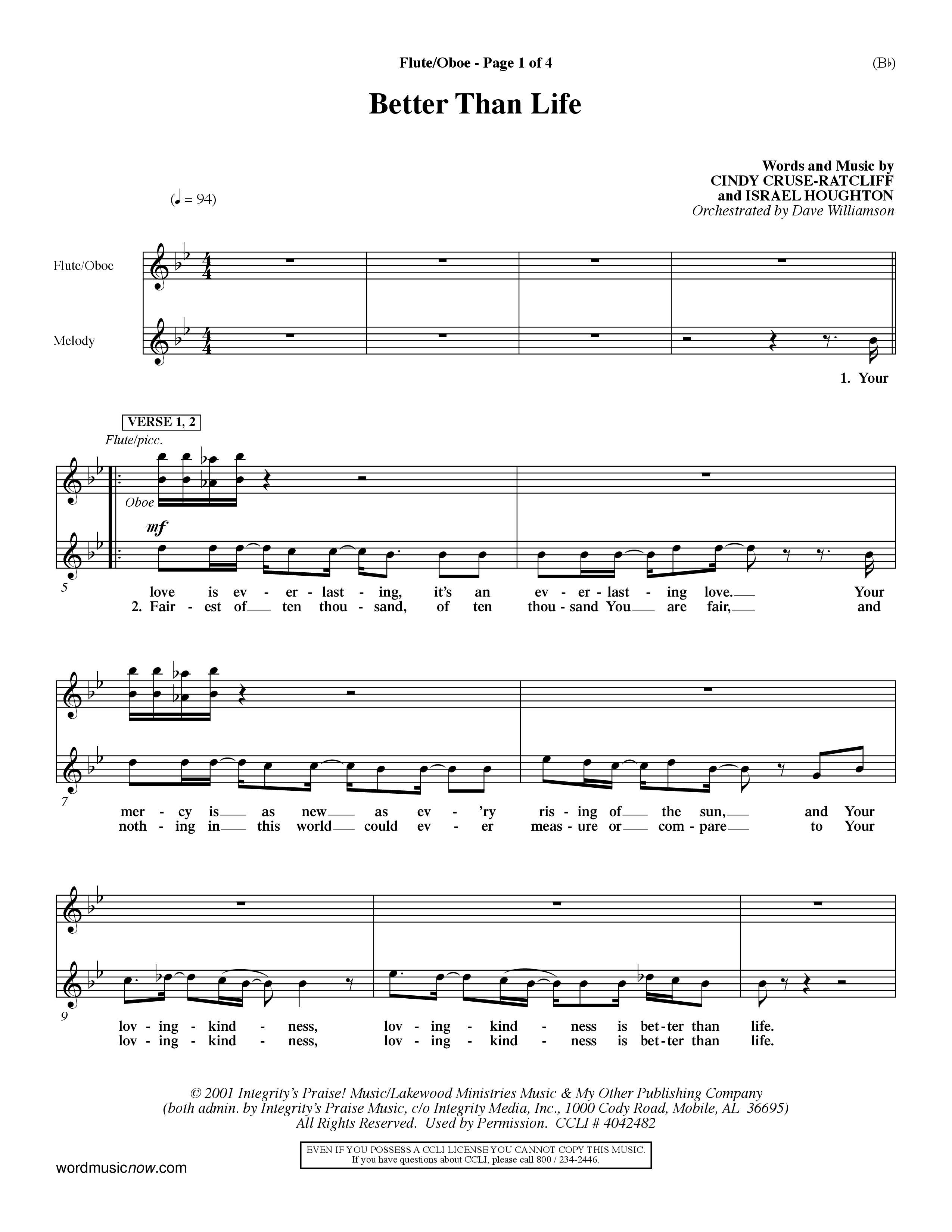 Better Than Life (Choral Anthem SATB) Flute/Oboe (Word Music Choral / Orch. Dave Williamson)