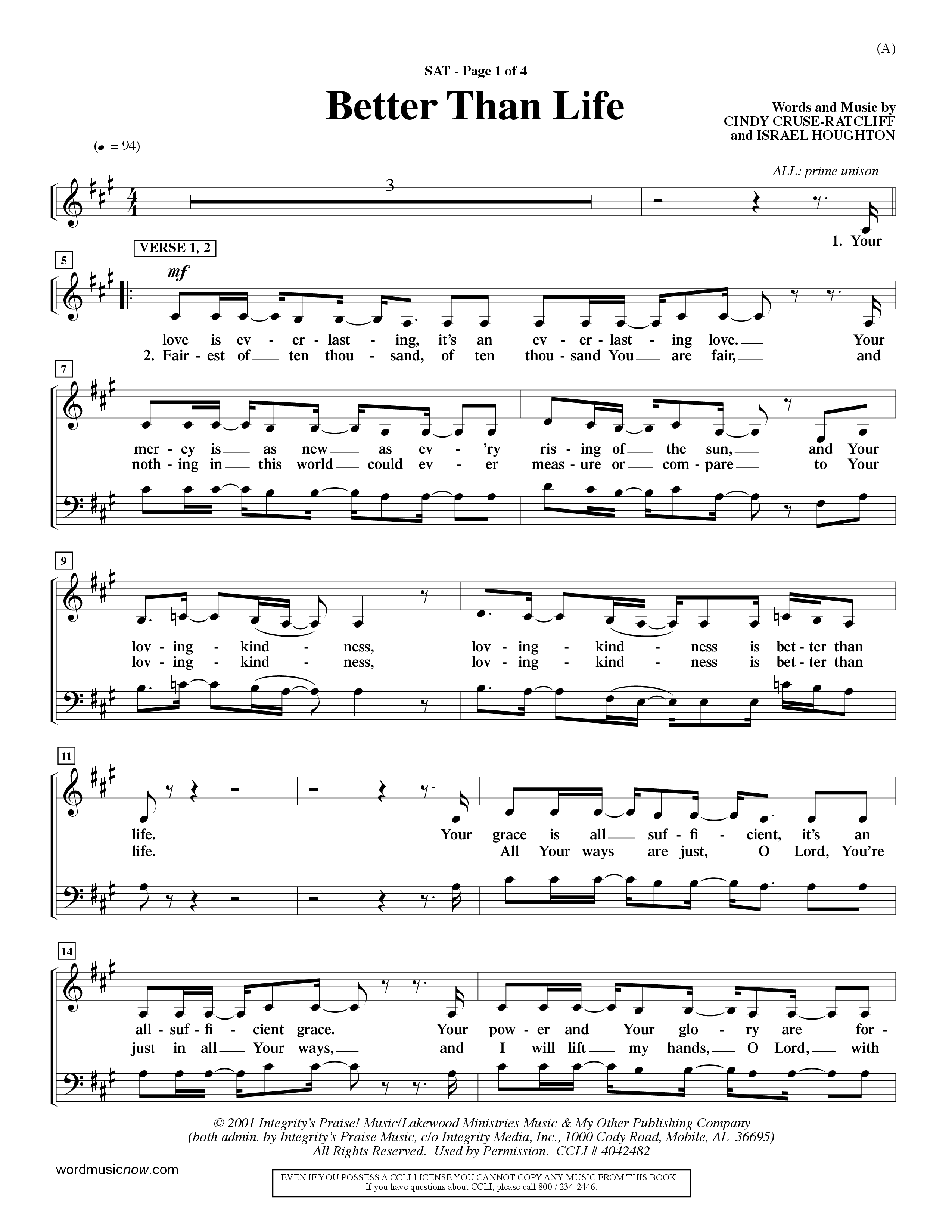 Better Than Life (Choral Anthem SATB) Lead Sheet (SAT) (Word Music Choral / Orch. Dave Williamson)