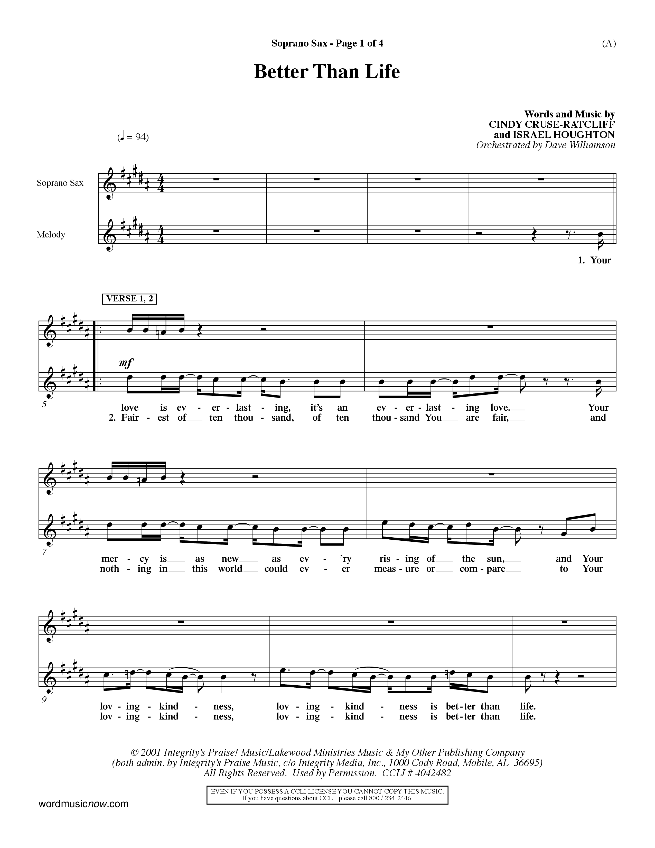 Better Than Life (Choral Anthem SATB) Saxophone (Word Music Choral / Orch. Dave Williamson)