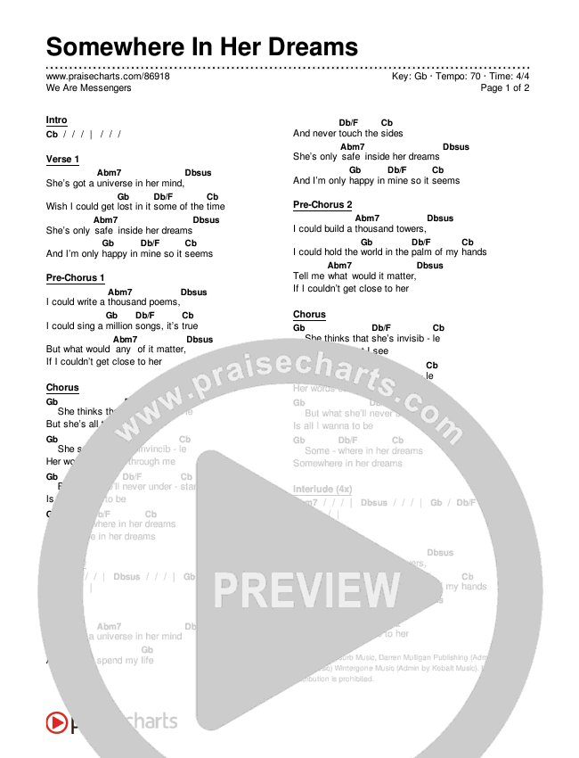 Somewhere In Her Dreams Chords & Lyrics (We Are Messengers)