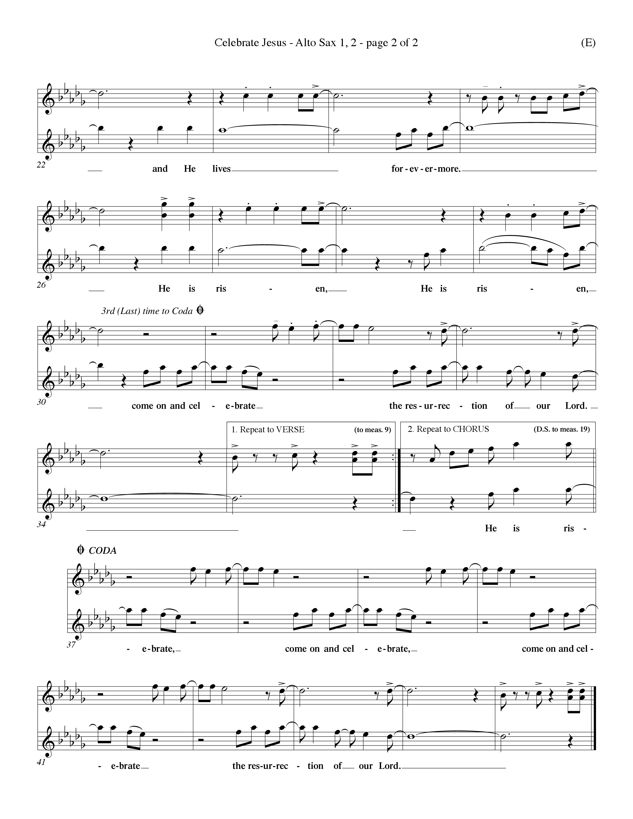 Celebrate Jesus (Choral Anthem SATB) Alto Sax 1/2 (Word Music Choral / Arr. Ron Myers / Arr. Wayne Yankie)