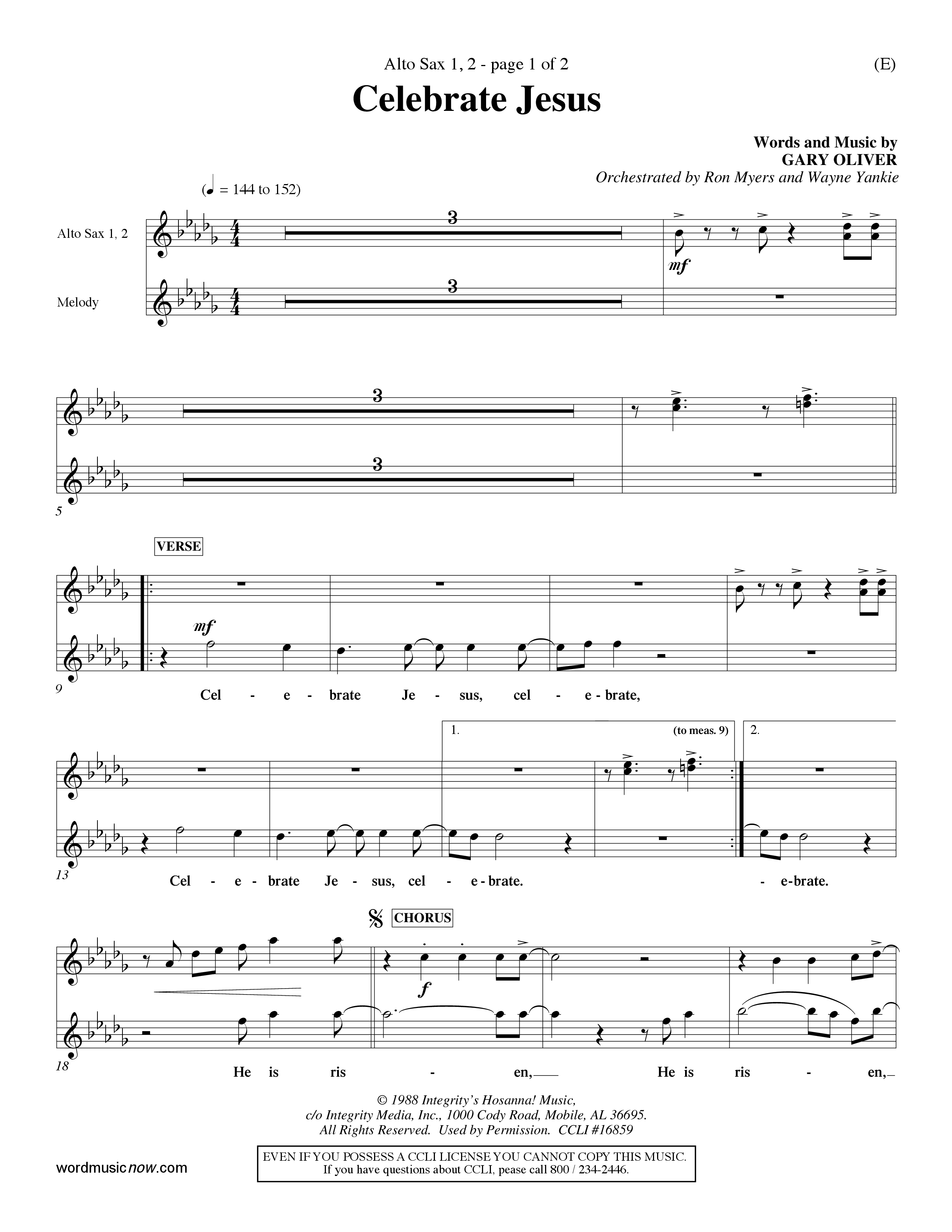 Celebrate Jesus (Choral Anthem SATB) Alto Sax 1/2 (Word Music Choral / Arr. Ron Myers / Arr. Wayne Yankie)
