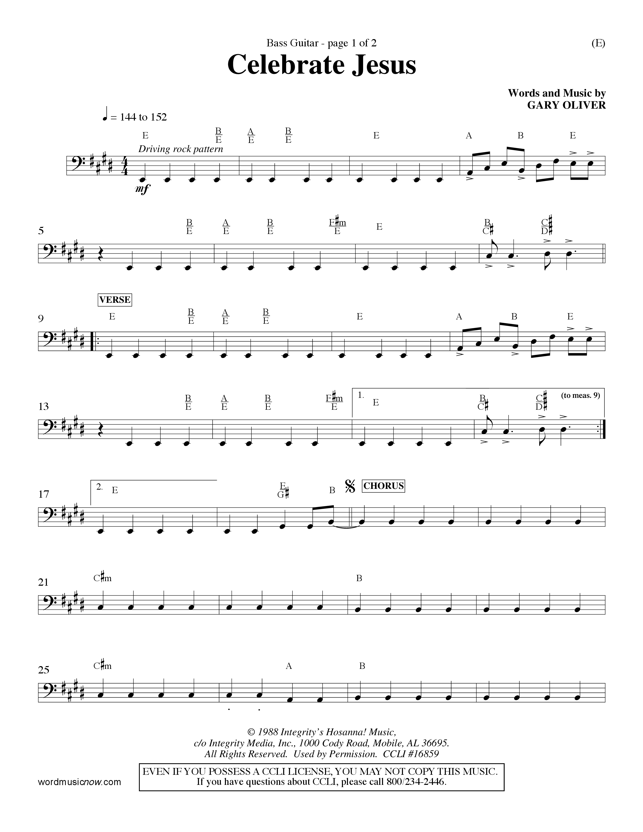 Celebrate Jesus (Choral Anthem SATB) Bass Guitar (Word Music Choral / Arr. Ron Myers / Arr. Wayne Yankie)