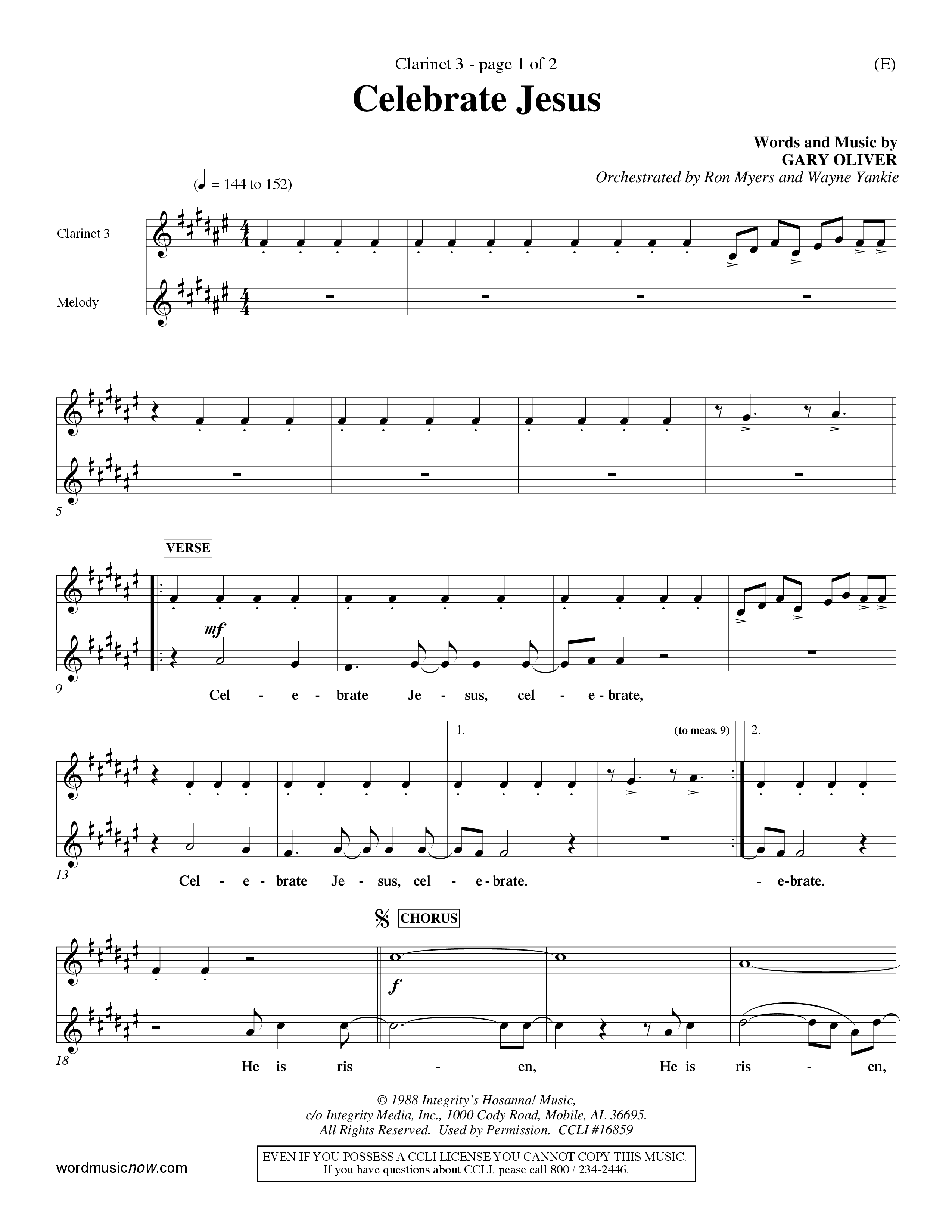 Celebrate Jesus (Choral Anthem SATB) Clarinet 3 (Word Music Choral / Arr. Ron Myers / Arr. Wayne Yankie)
