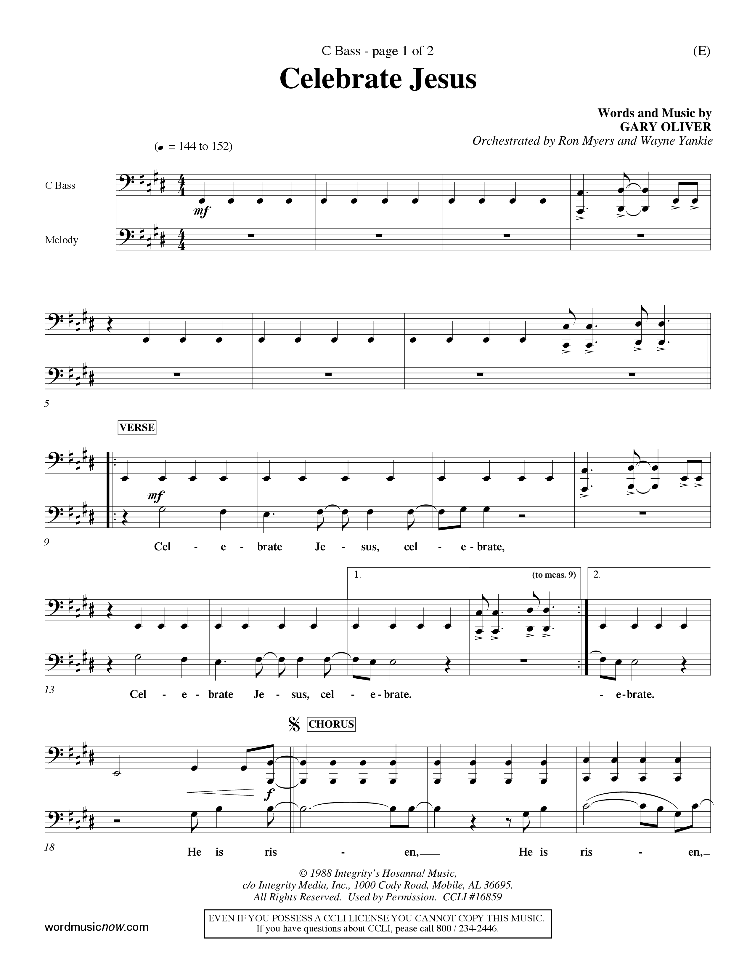 Celebrate Jesus (Choral Anthem SATB) Contrabass (Word Music Choral / Arr. Ron Myers / Arr. Wayne Yankie)