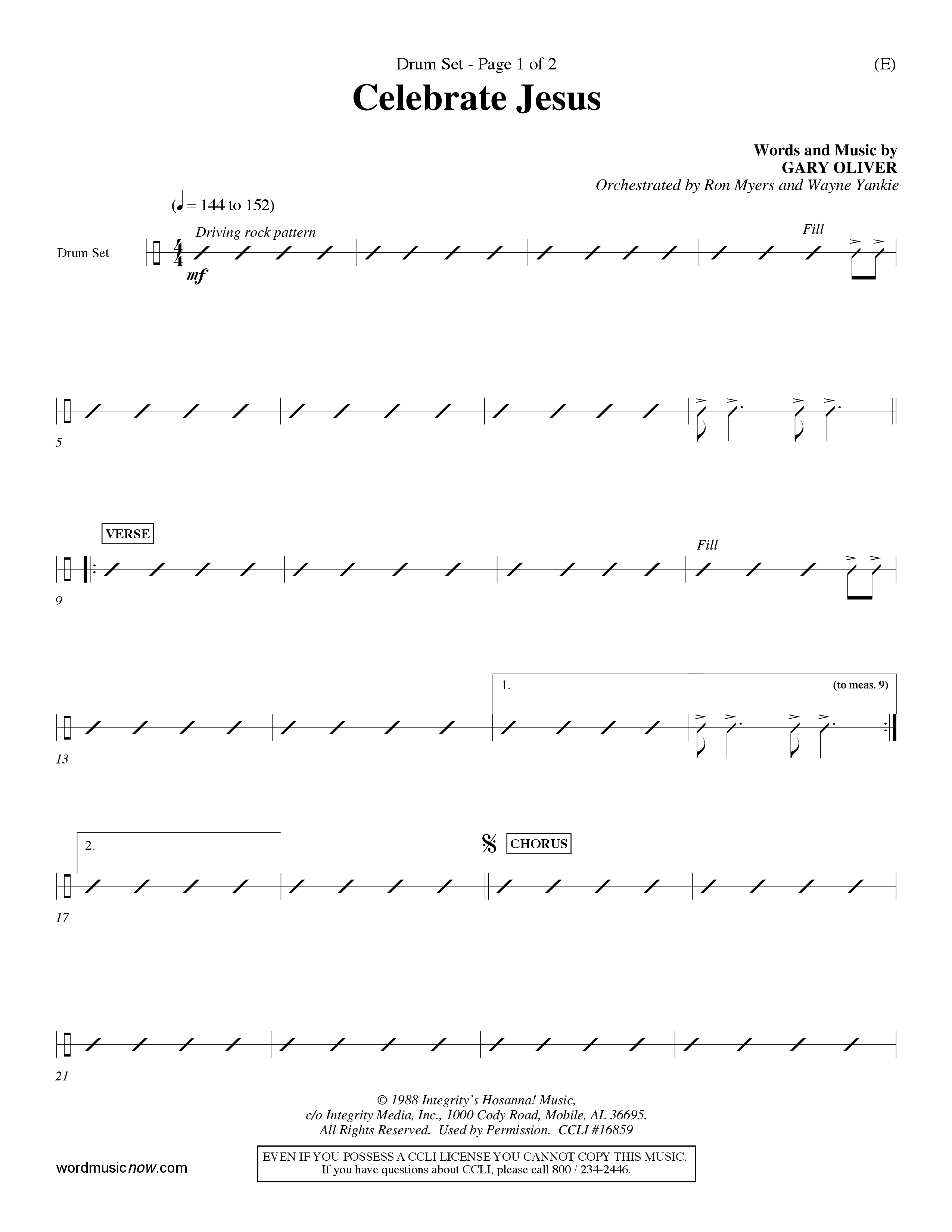 Celebrate Jesus (Choral Anthem SATB) Drum Set (Word Music Choral / Arr. Ron Myers / Arr. Wayne Yankie)