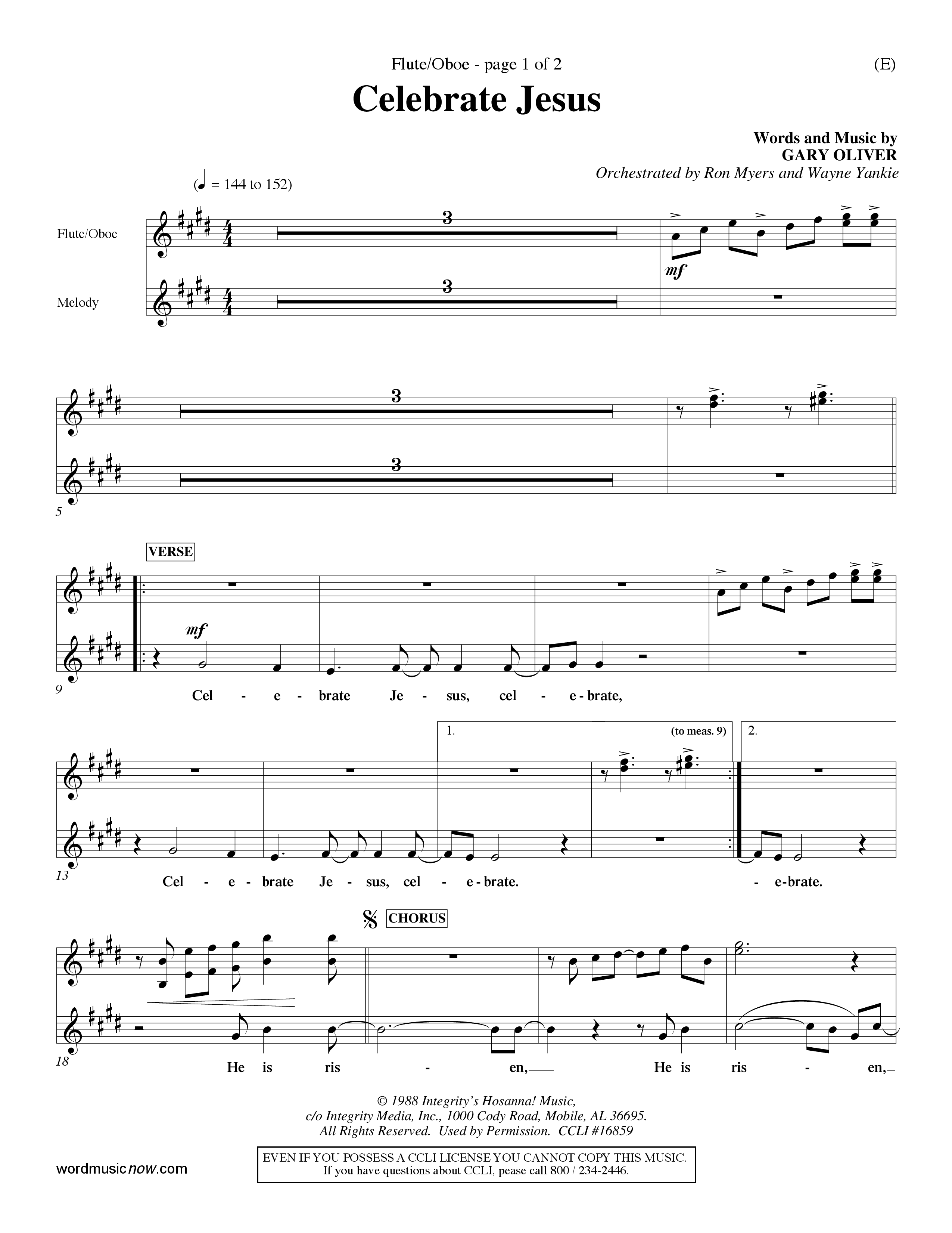 Celebrate Jesus (Choral Anthem SATB) Flute/Oboe (Word Music Choral / Arr. Ron Myers / Arr. Wayne Yankie)