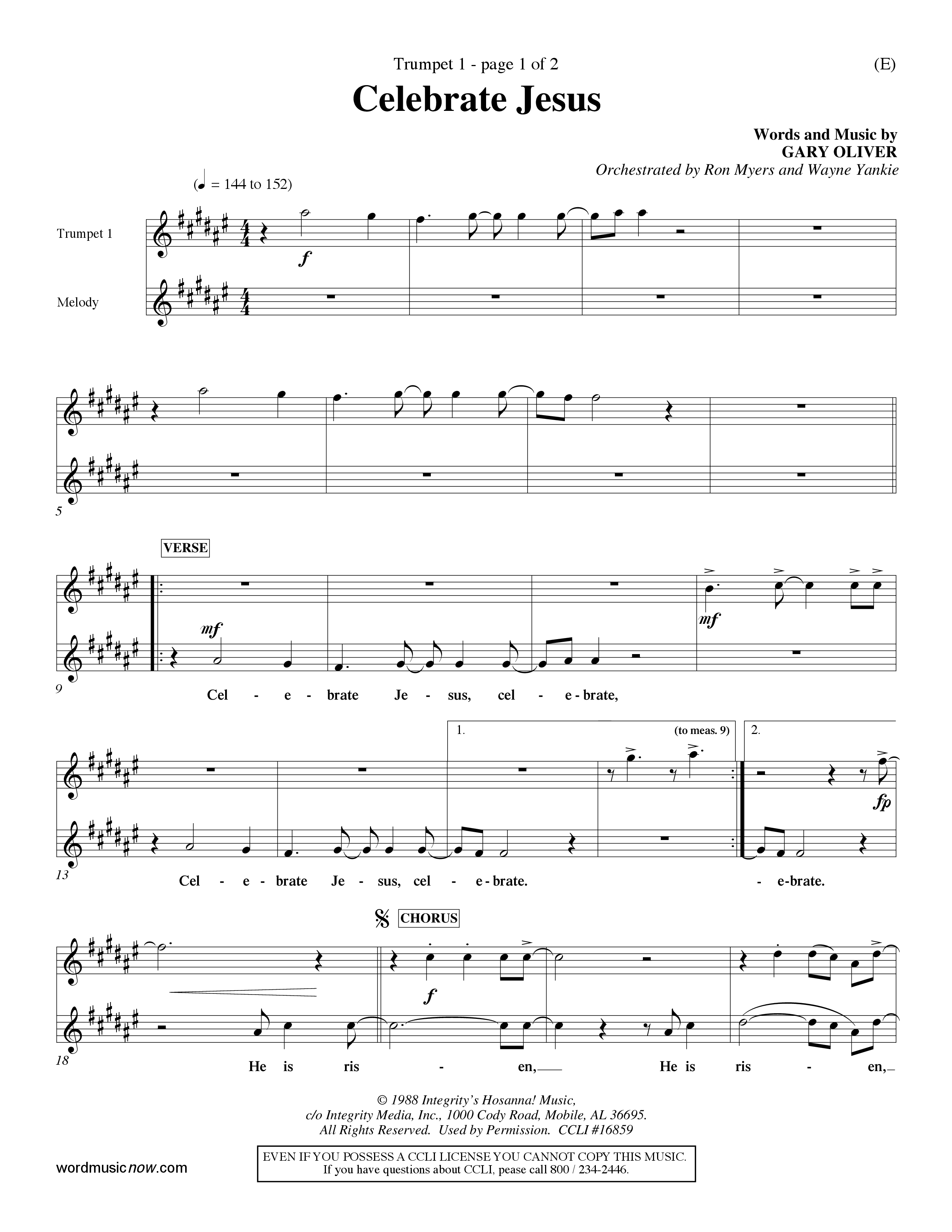 Celebrate Jesus (Choral Anthem SATB) Trumpet 1 (Word Music Choral / Arr. Ron Myers / Arr. Wayne Yankie)