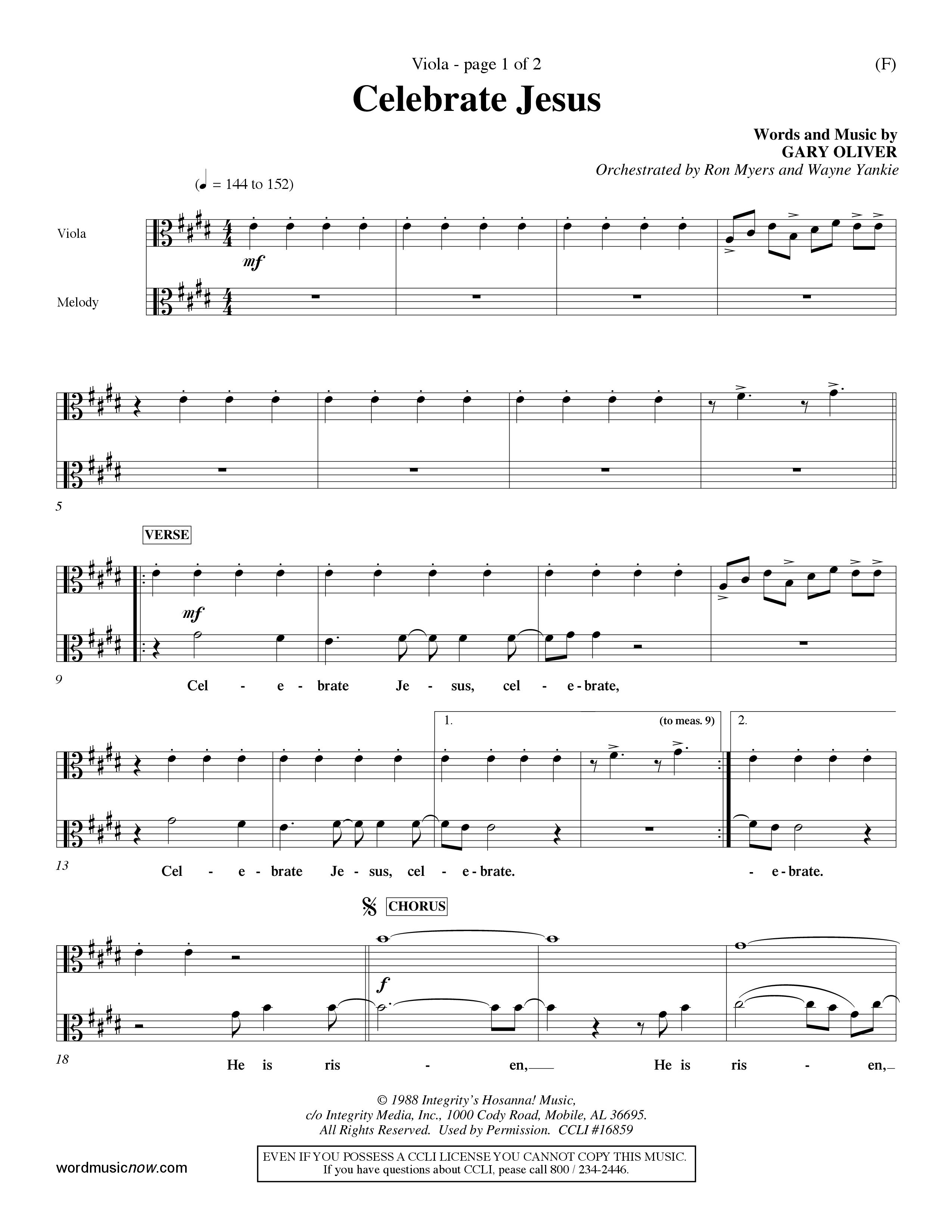 Celebrate Jesus (Choral Anthem SATB) Viola (Word Music Choral / Arr. Ron Myers / Arr. Wayne Yankie)