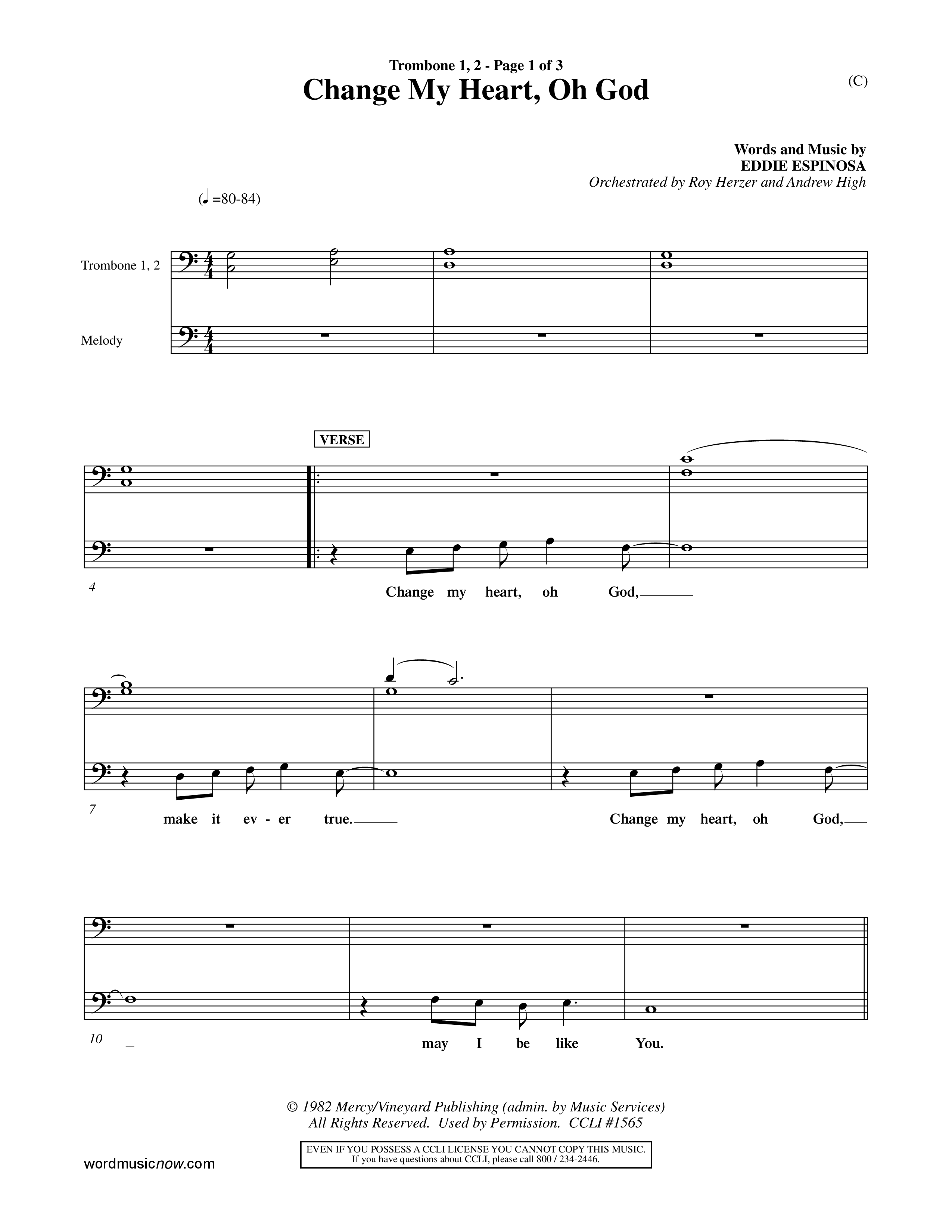 Change My Heart Oh God (Choral Anthem SATB) Trombone 1/2 (Word Music Choral / Orch. Roy Herzer / Orch. Andrew High)