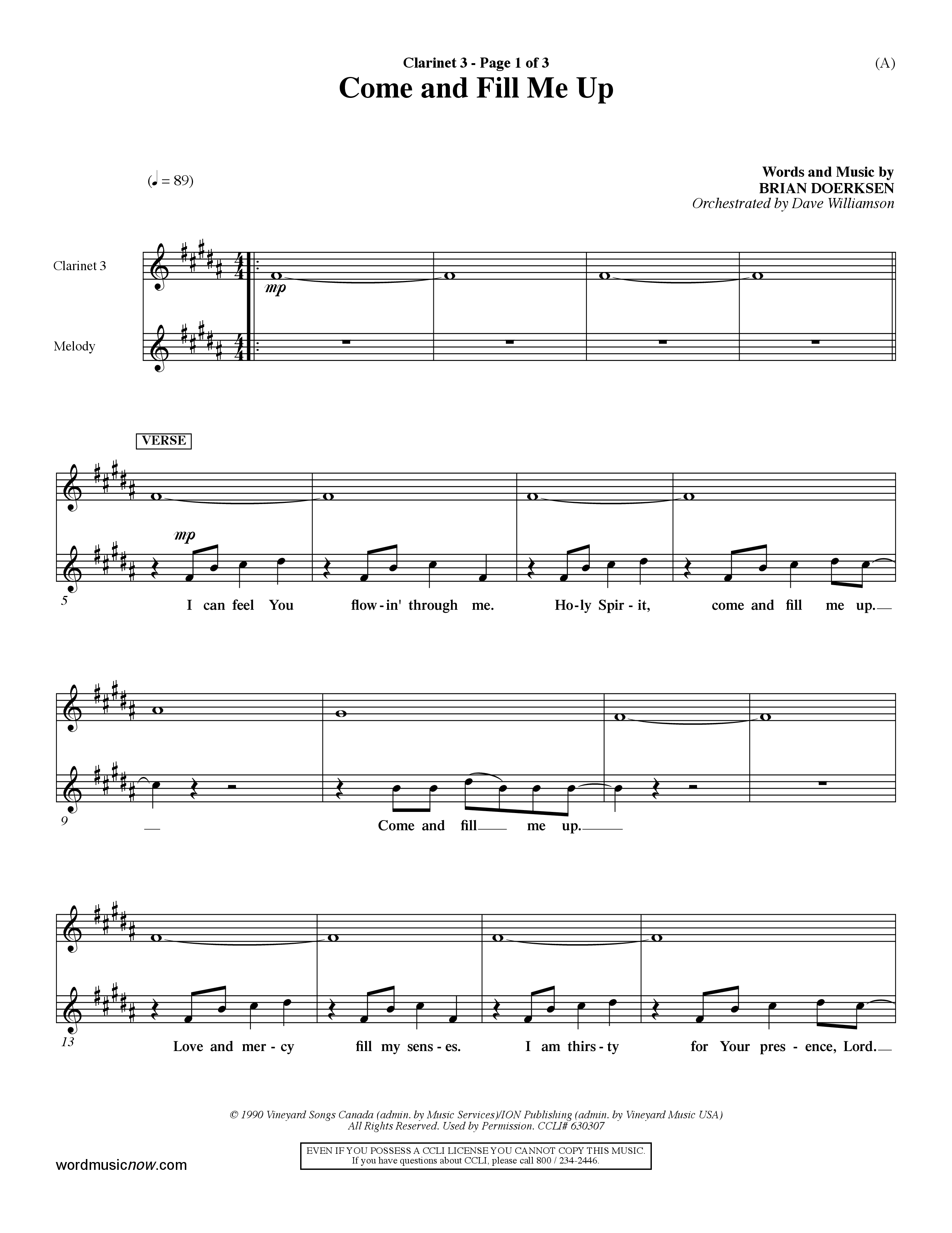 Come And Fill Me Up (Choral Anthem SATB) Clarinet 3 (Word Music Choral / Orch. Dave Williamson)