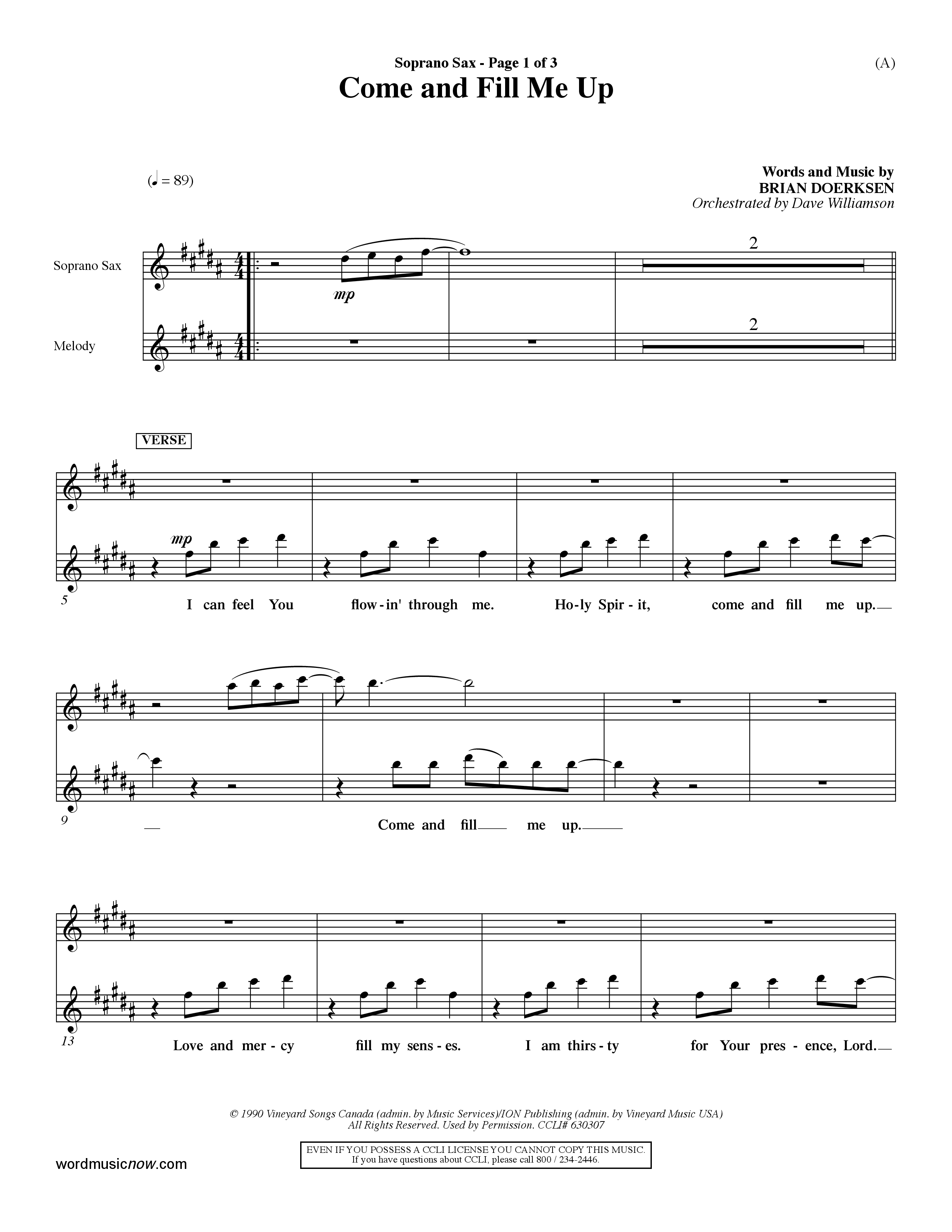 Come And Fill Me Up (Choral Anthem SATB) Saxophone (Word Music Choral / Orch. Dave Williamson)