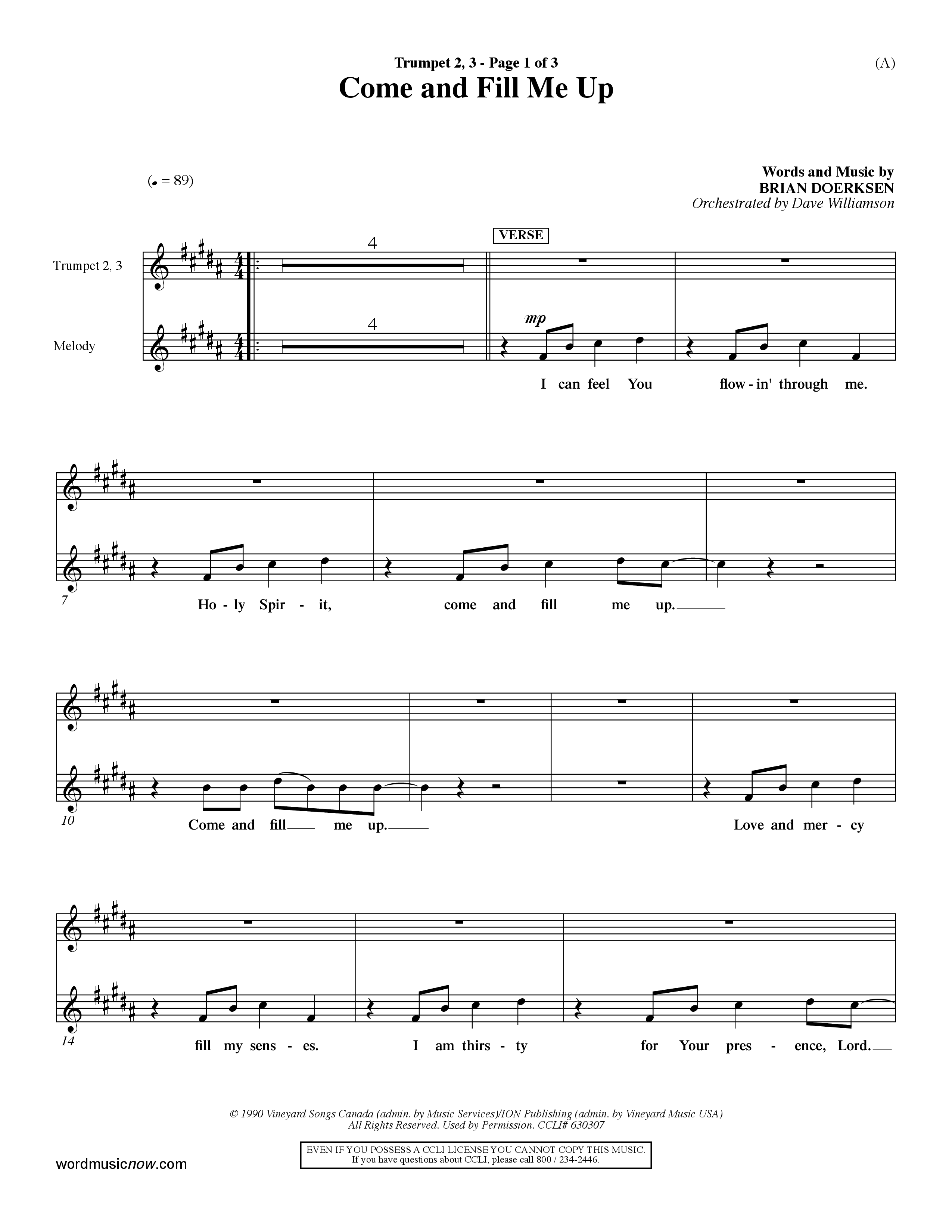Come And Fill Me Up (Choral Anthem SATB) Trumpet 2/3 (Word Music Choral / Orch. Dave Williamson)