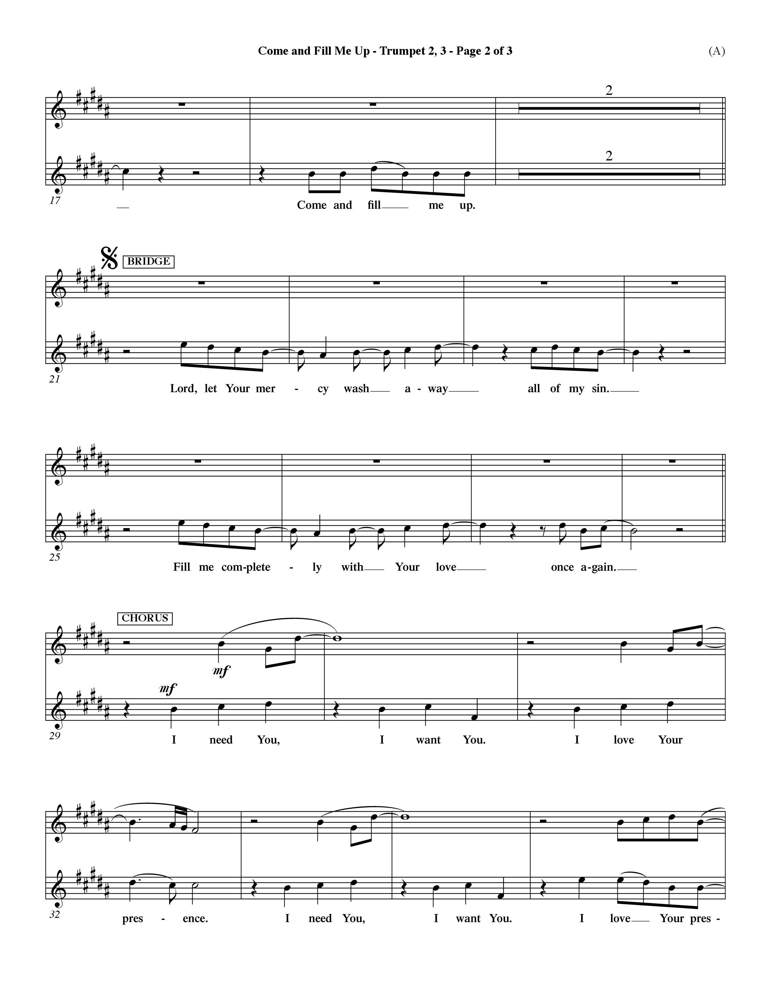 Come And Fill Me Up (Choral Anthem SATB) Trumpet 2/3 (Word Music Choral / Orch. Dave Williamson)