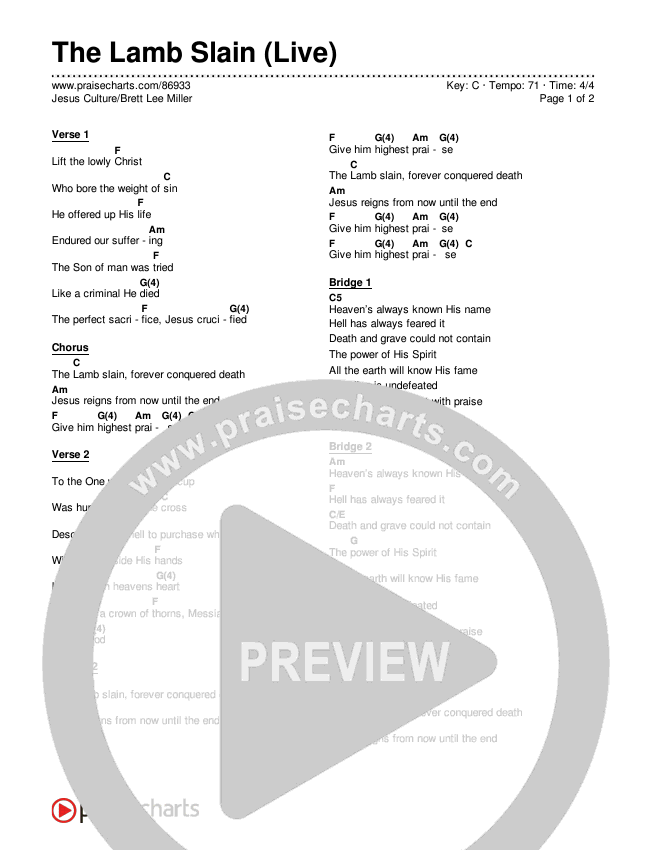 The Lamb Slain (Live) Chords & Lyrics (Jesus Culture / Brett Lee Miller)