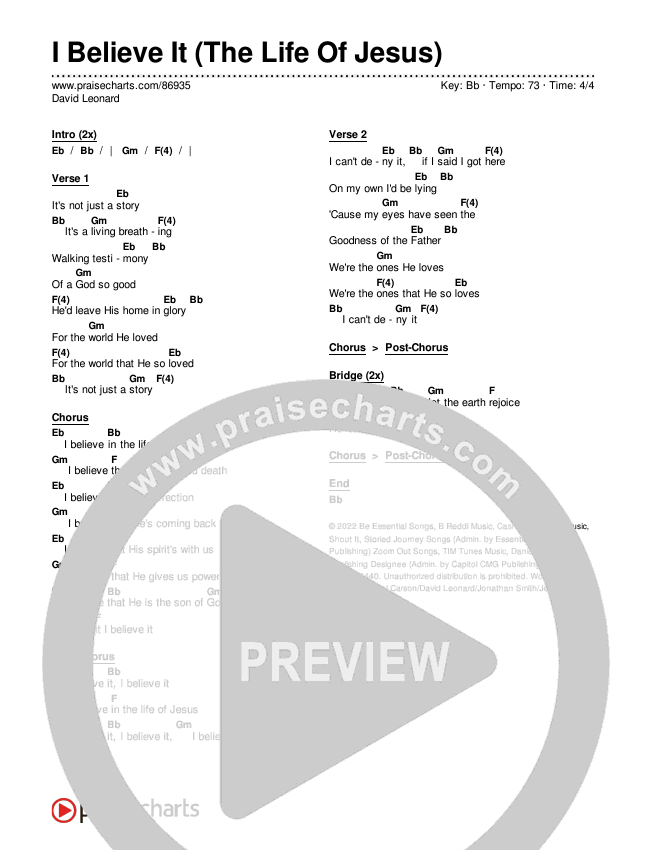 I Believe It (The Life Of Jesus) Chords & Lyrics (David Leonard)
