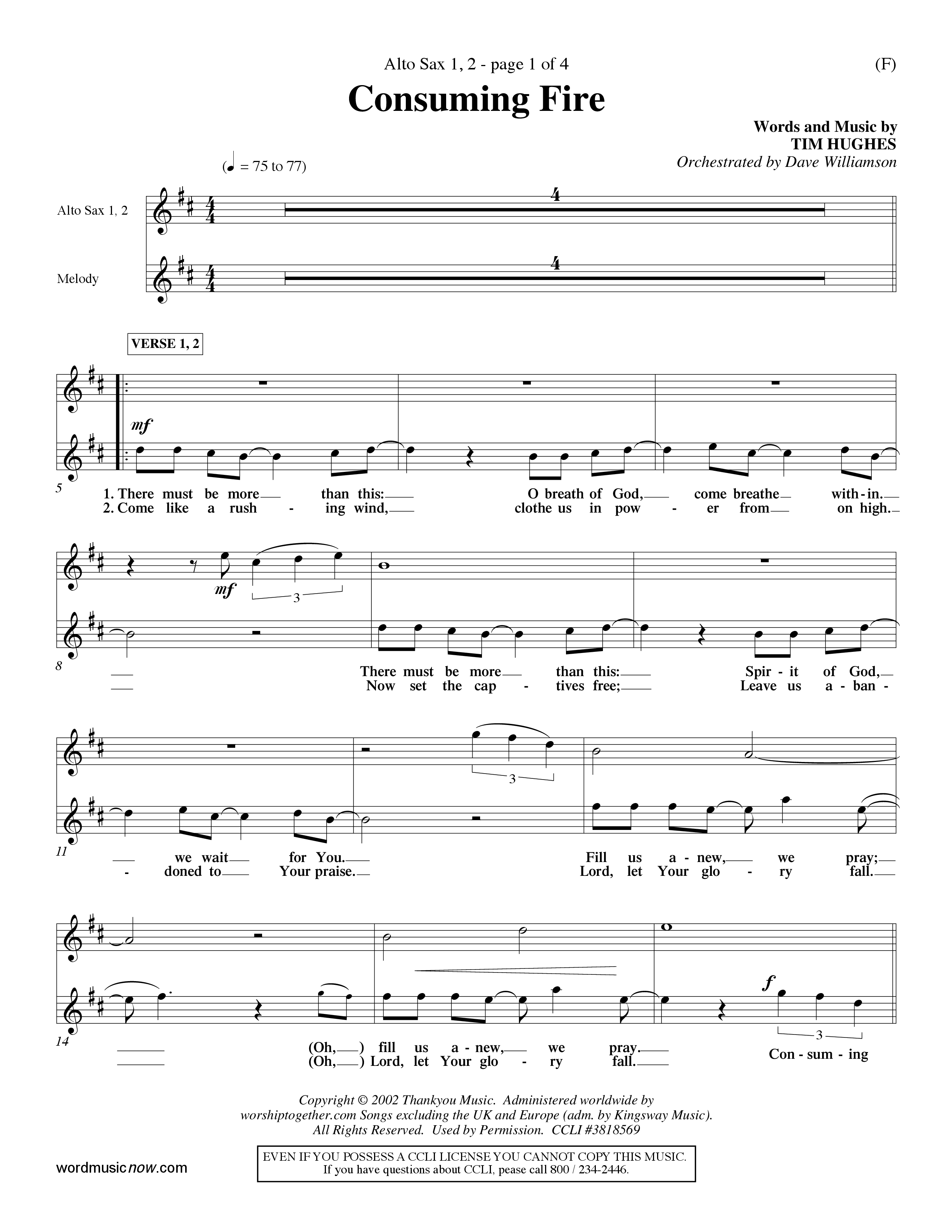 Consuming Fire (Choral Anthem SATB) Alto Sax 1/2 (Word Music Choral / Orch. Dave Williamson)
