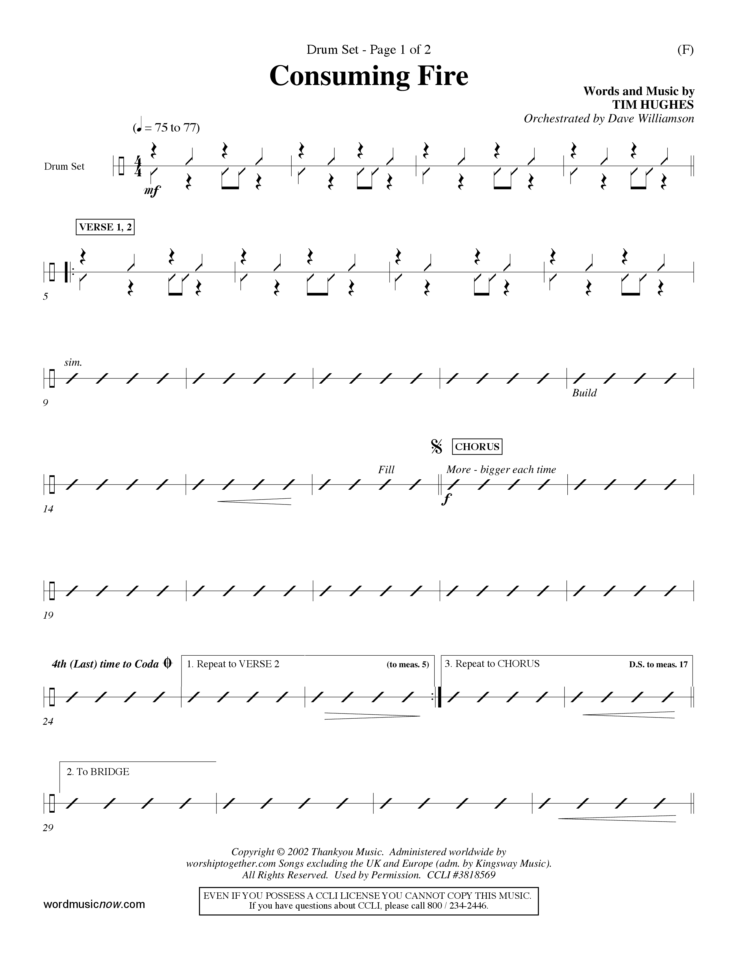 Consuming Fire (Choral Anthem SATB) Drum Set (Word Music Choral / Orch. Dave Williamson)