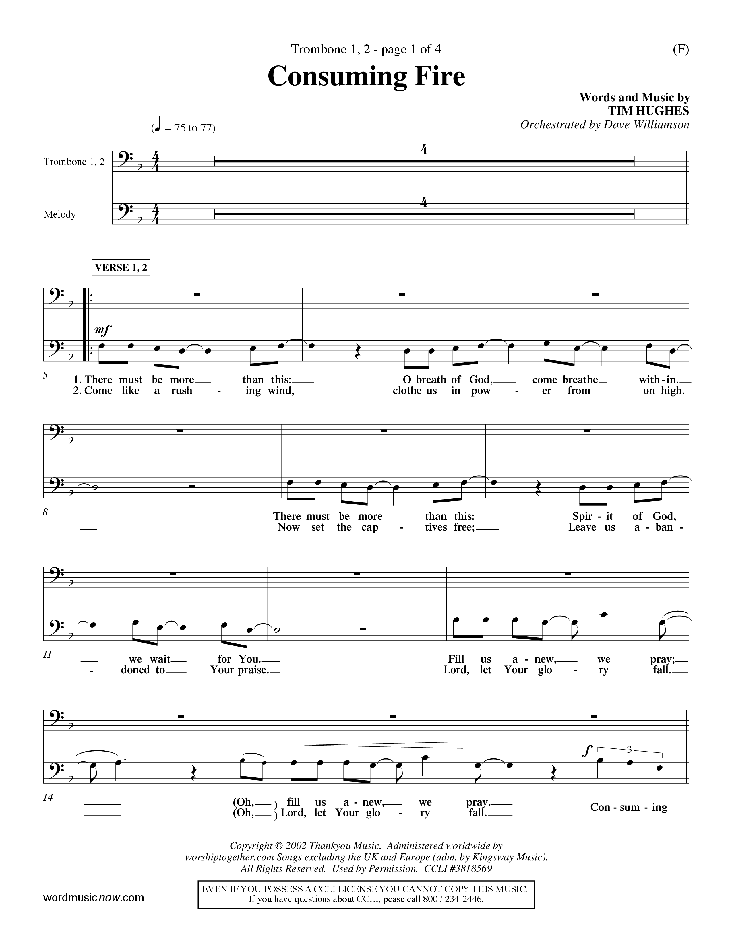 Consuming Fire (Choral Anthem SATB) Trombone 1/2 (Word Music Choral / Orch. Dave Williamson)