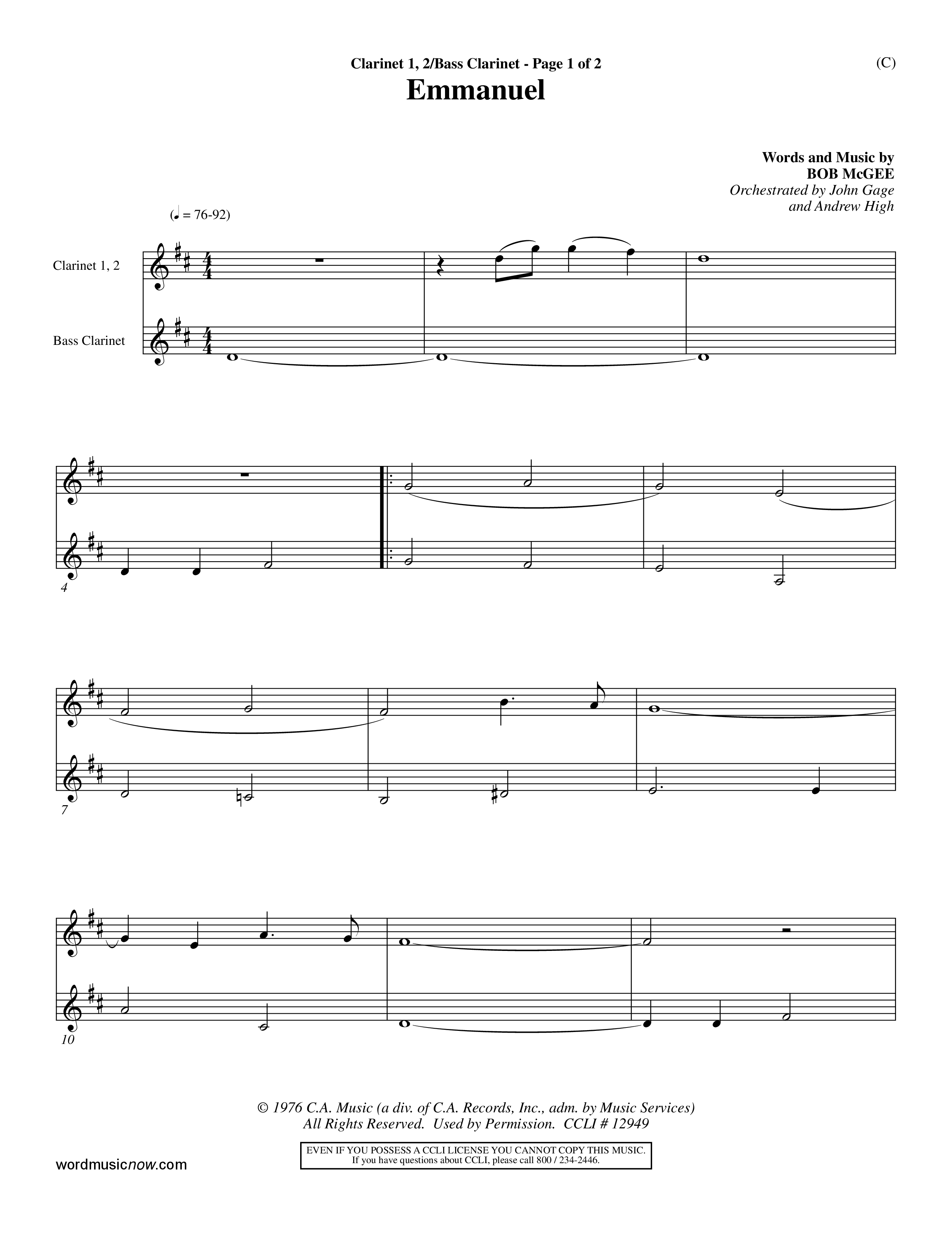 Emmanuel (Choral Anthem SATB) Clarinet 1/2, Bass Clarinet (Word Music Choral / Orch. John Gage / Orch. Andrew High)
