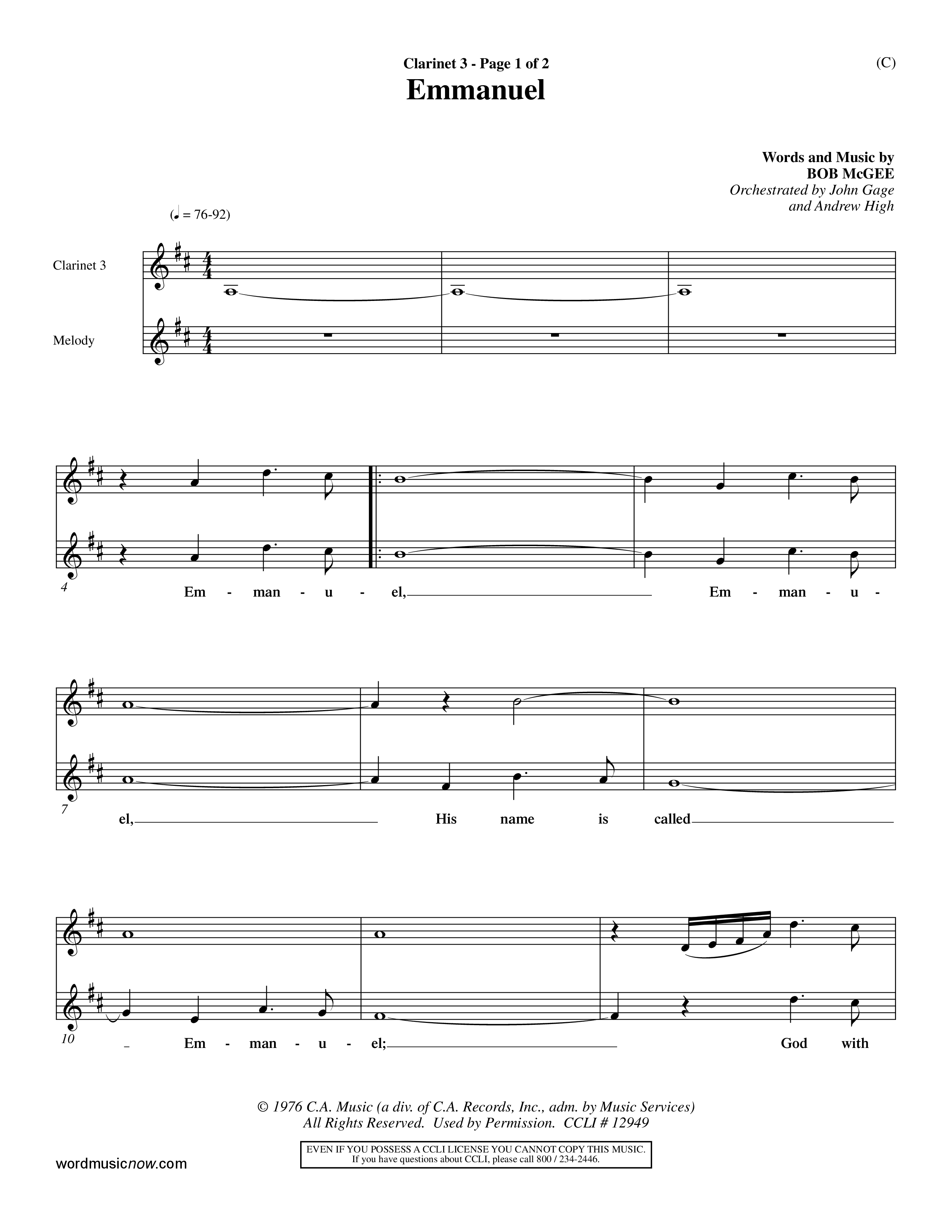 Emmanuel (Choral Anthem SATB) Clarinet 3 (Word Music Choral / Orch. John Gage / Orch. Andrew High)