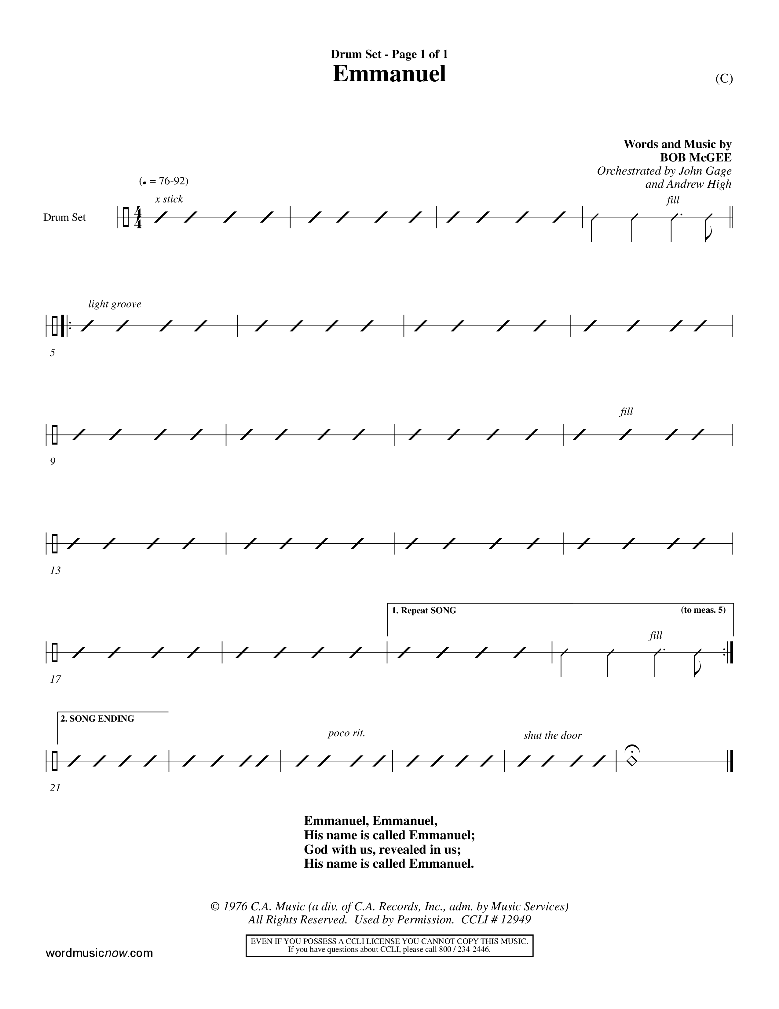 Emmanuel (Choral Anthem SATB) Drum Set (Word Music Choral / Orch. John Gage / Orch. Andrew High)