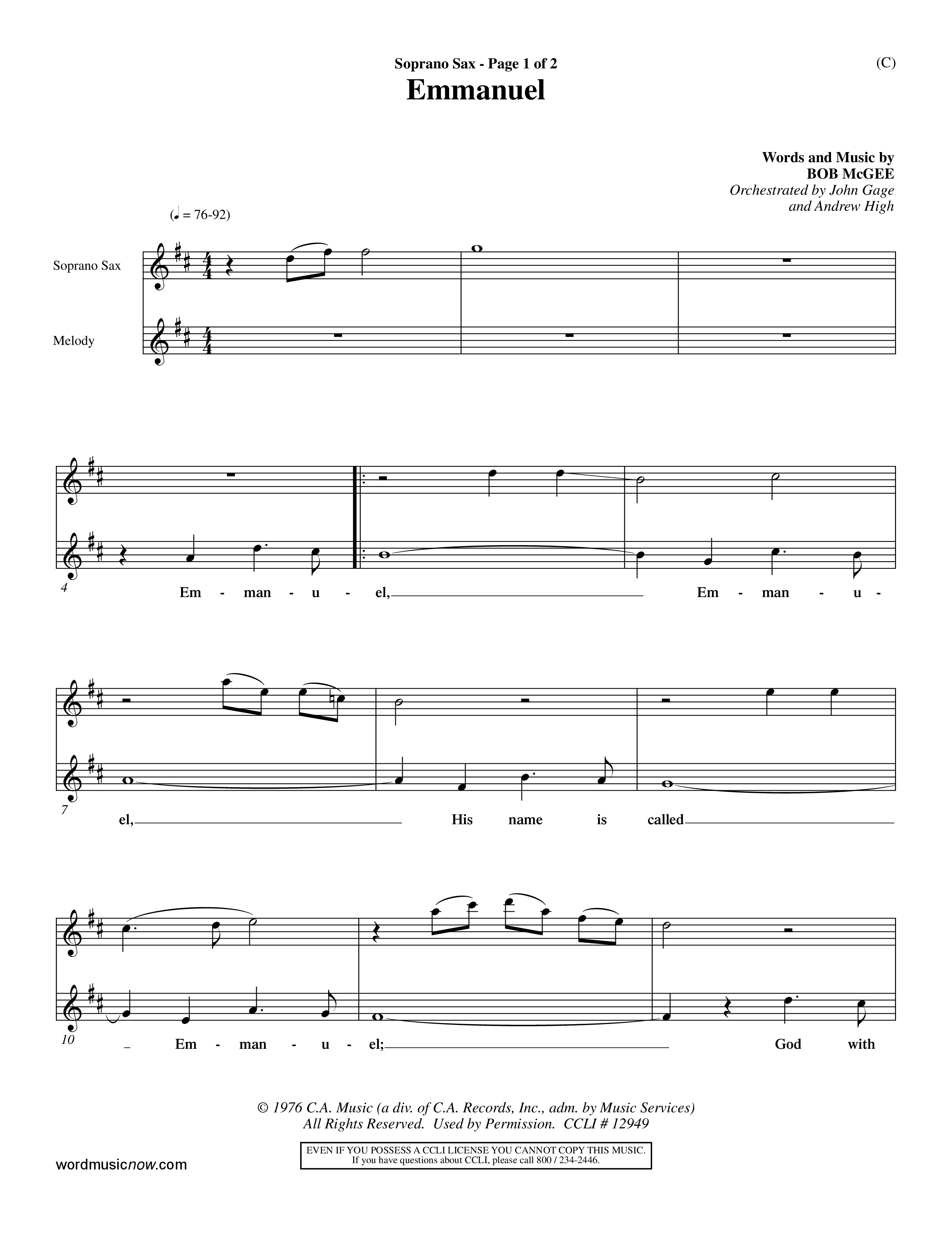 Emmanuel (Choral Anthem SATB) Saxophone (Word Music Choral / Orch. John Gage / Orch. Andrew High)