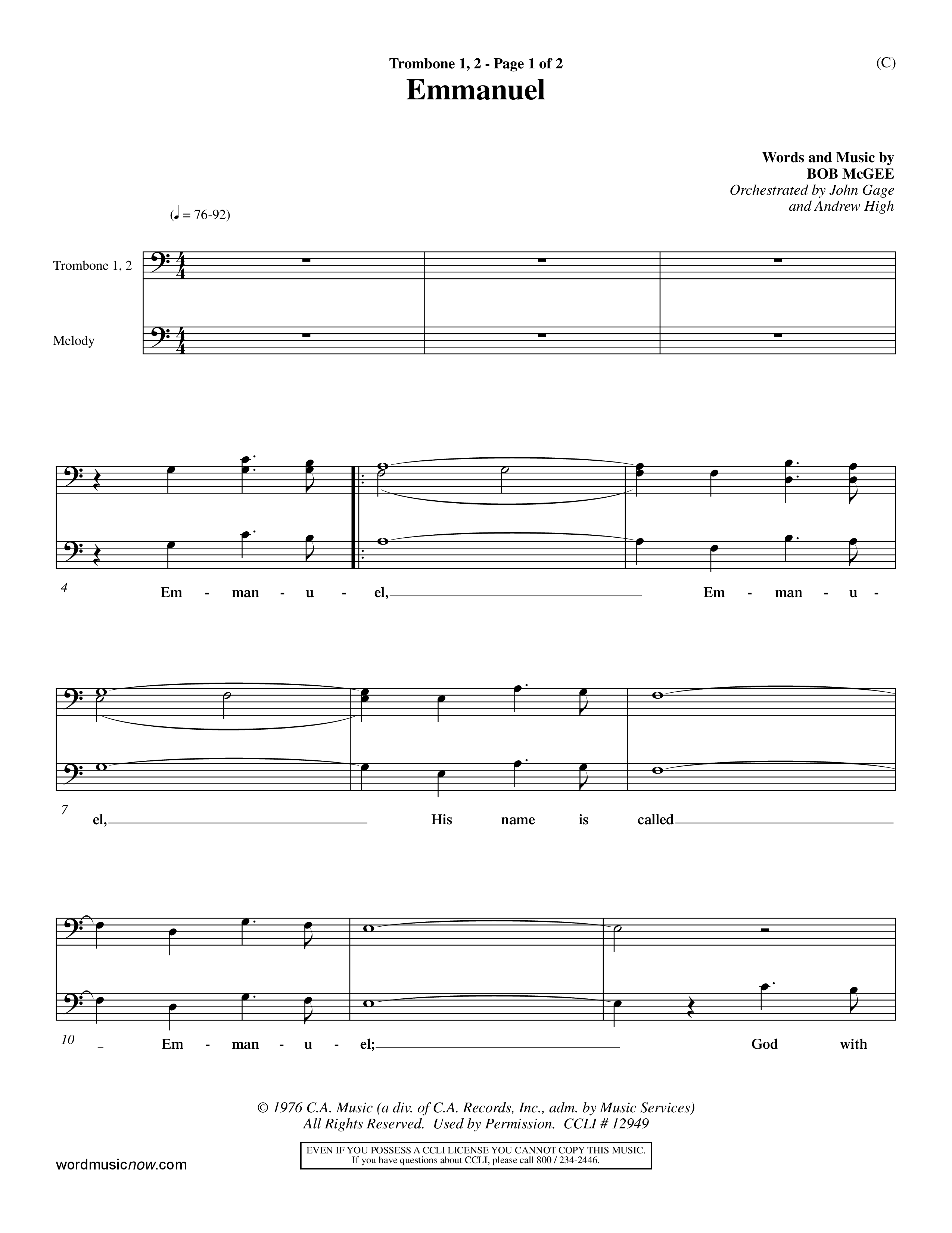 Emmanuel (Choral Anthem SATB) Trombone 1/2 (Word Music Choral / Orch. John Gage / Orch. Andrew High)