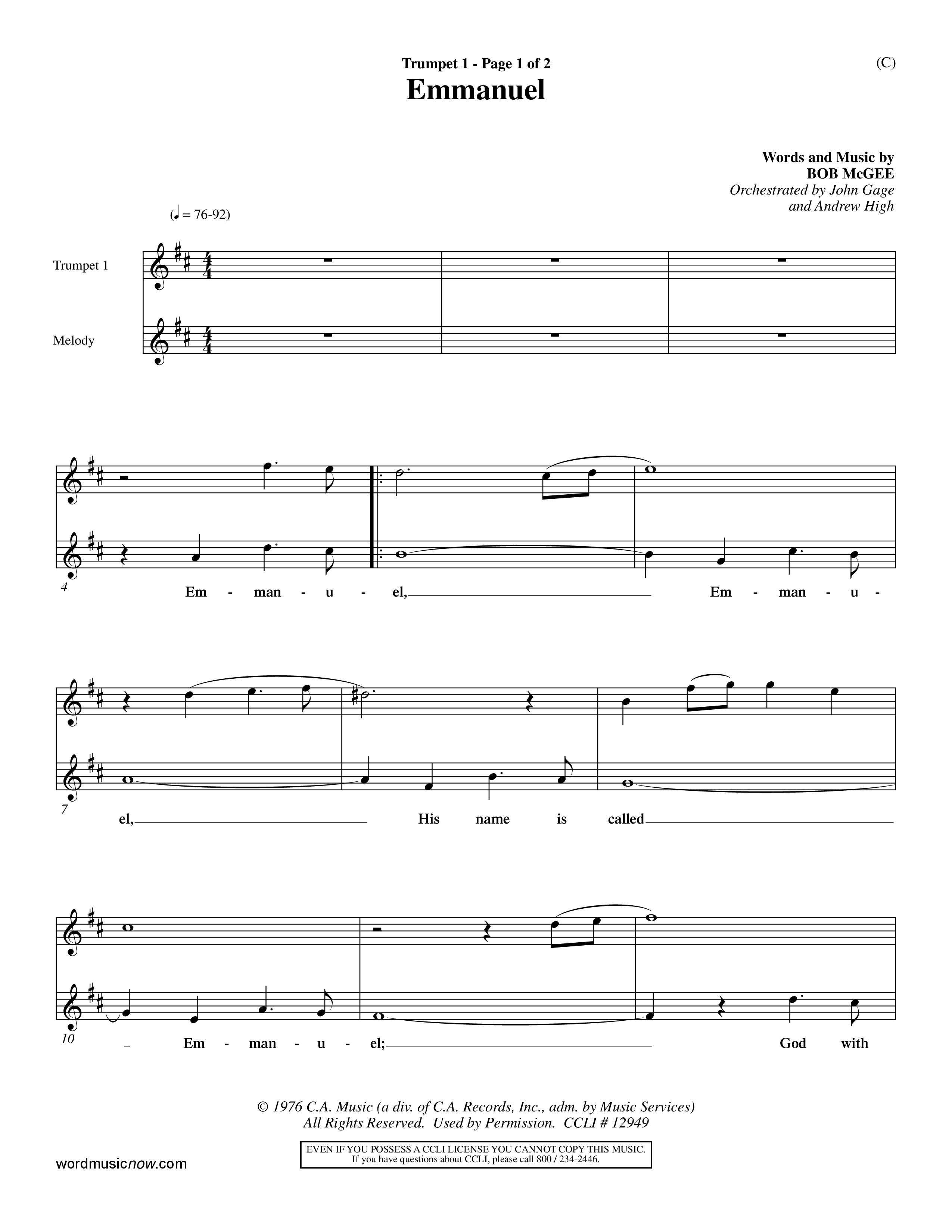 Emmanuel (Choral Anthem SATB) Trumpet 1 (Word Music Choral / Orch. John Gage / Orch. Andrew High)