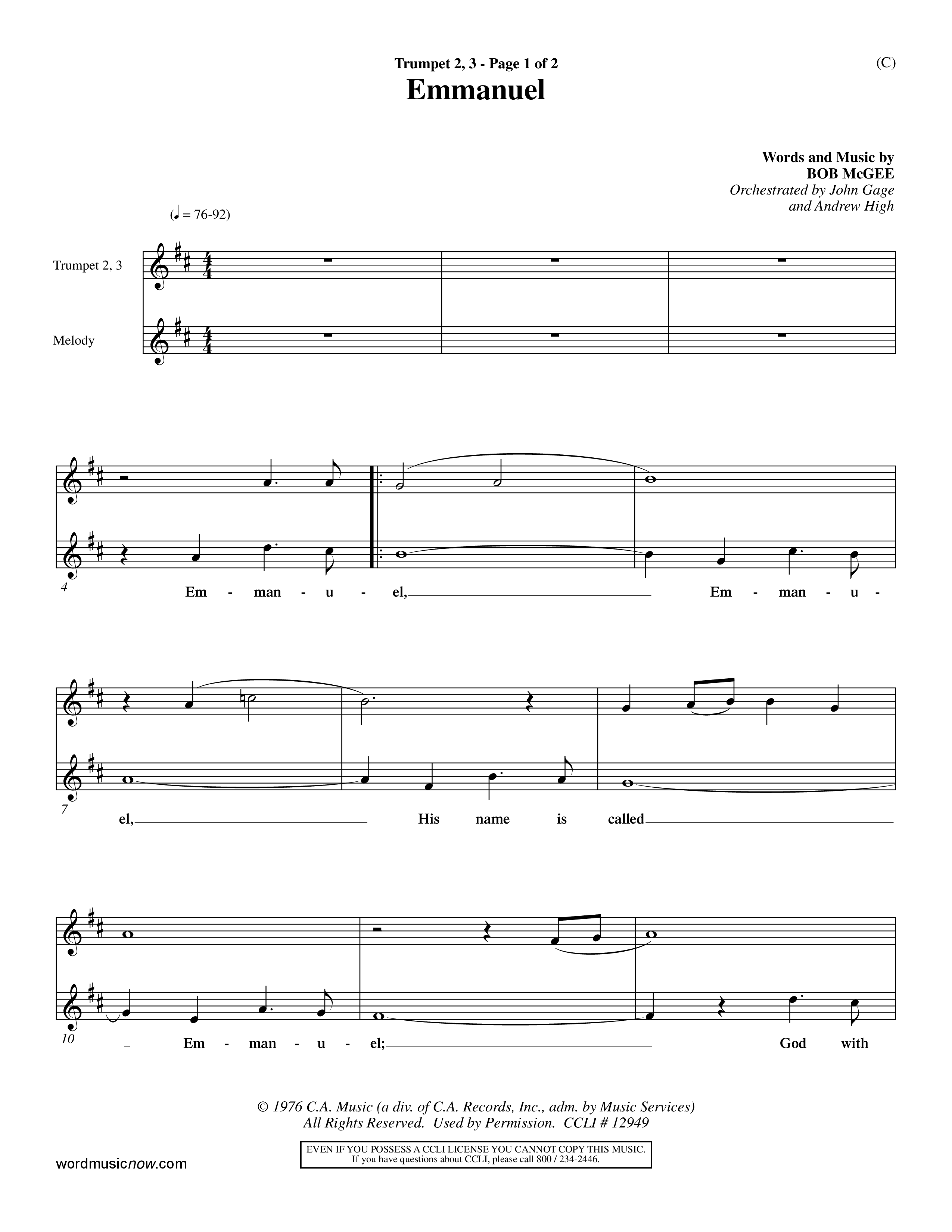Emmanuel (Choral Anthem SATB) Trumpet 2/3 (Word Music Choral / Orch. John Gage / Orch. Andrew High)
