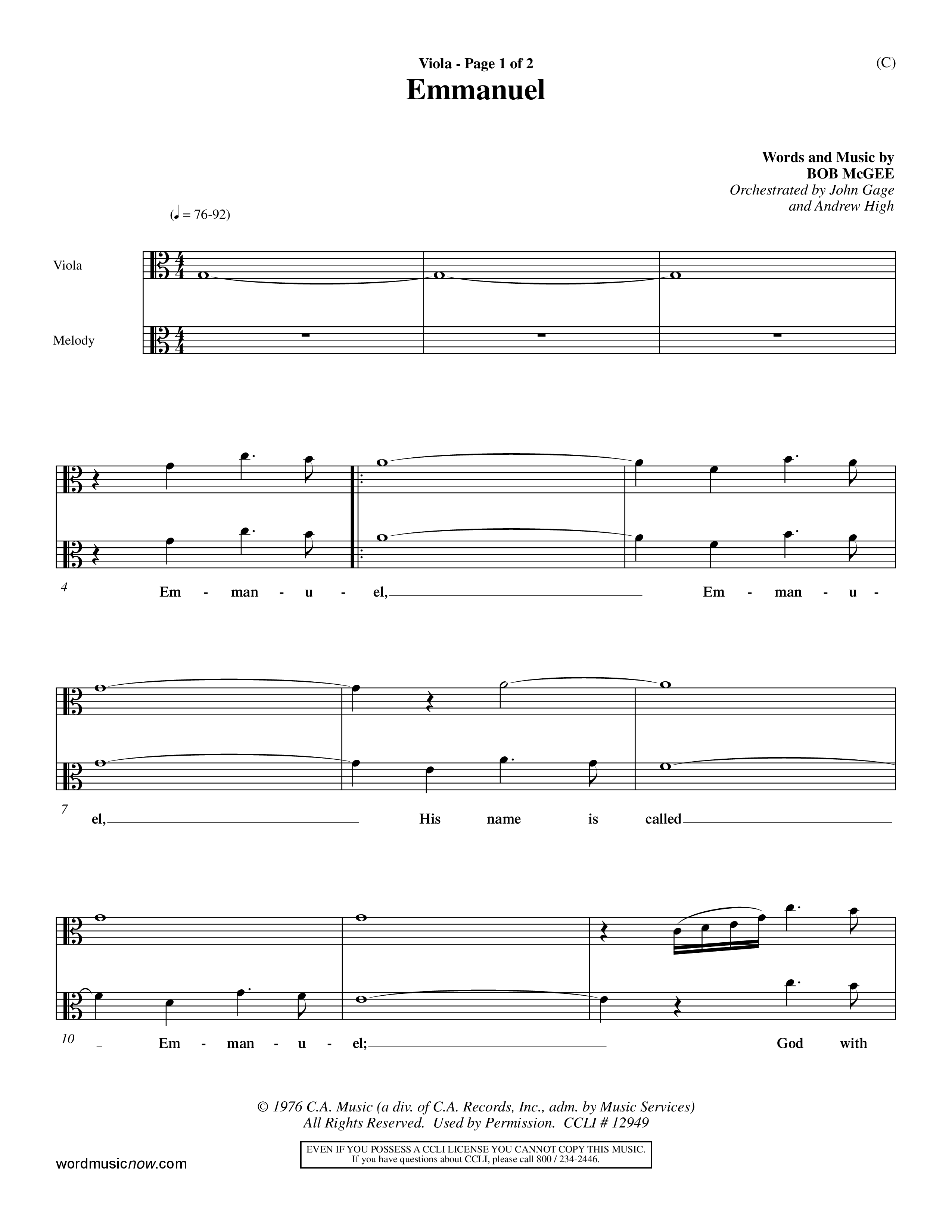 Emmanuel (Choral Anthem SATB) Viola (Word Music Choral / Orch. John Gage / Orch. Andrew High)