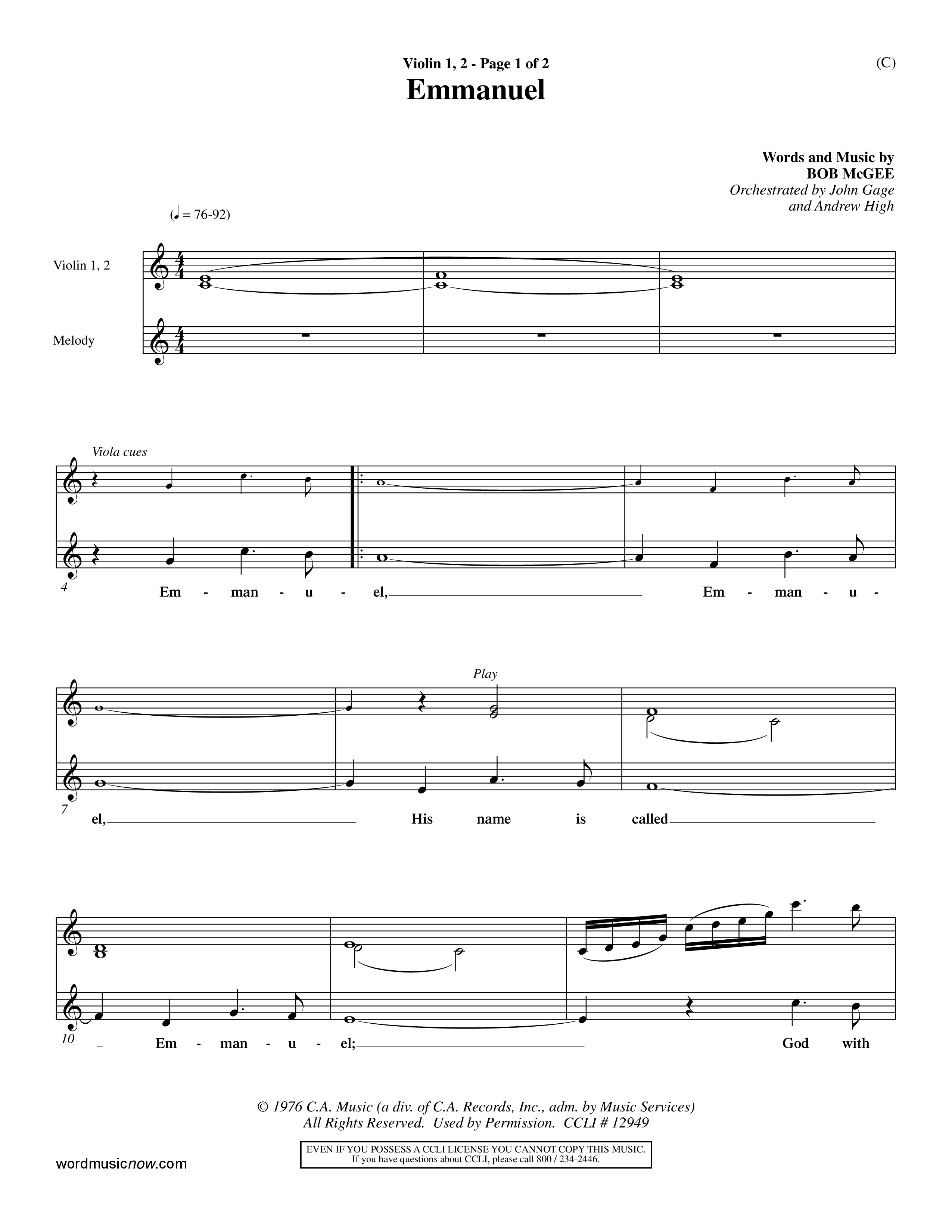 Emmanuel (Choral Anthem SATB) Violin 1/2 (Word Music Choral / Orch. John Gage / Orch. Andrew High)