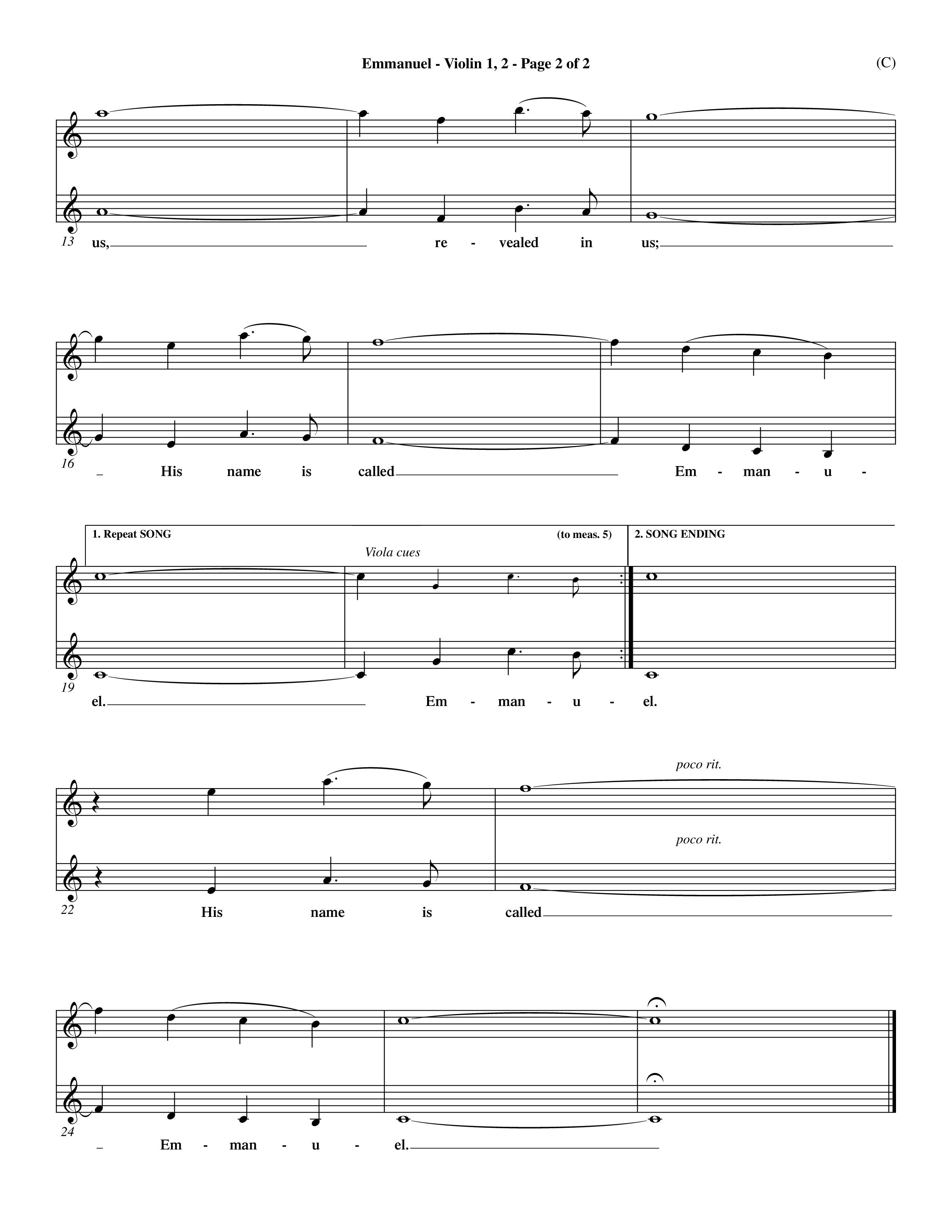 Emmanuel (Choral Anthem SATB) Violin 1/2 (Word Music Choral / Orch. John Gage / Orch. Andrew High)