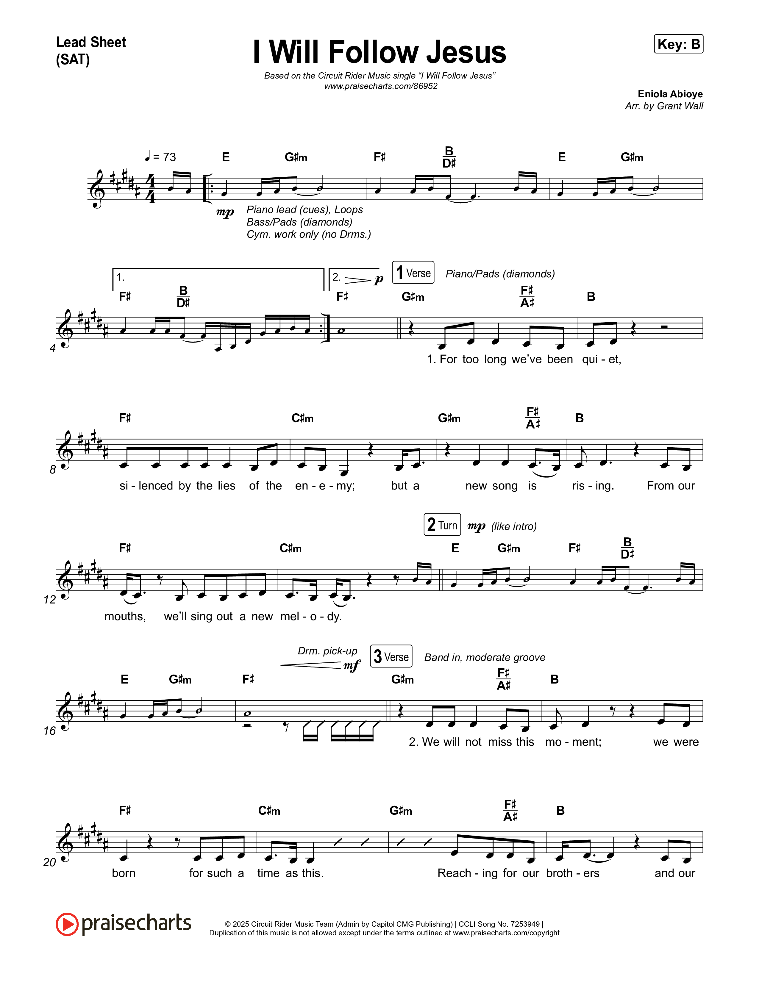 I Will Follow Jesus Lead Sheet (SAT) (Circuit Rider Music)