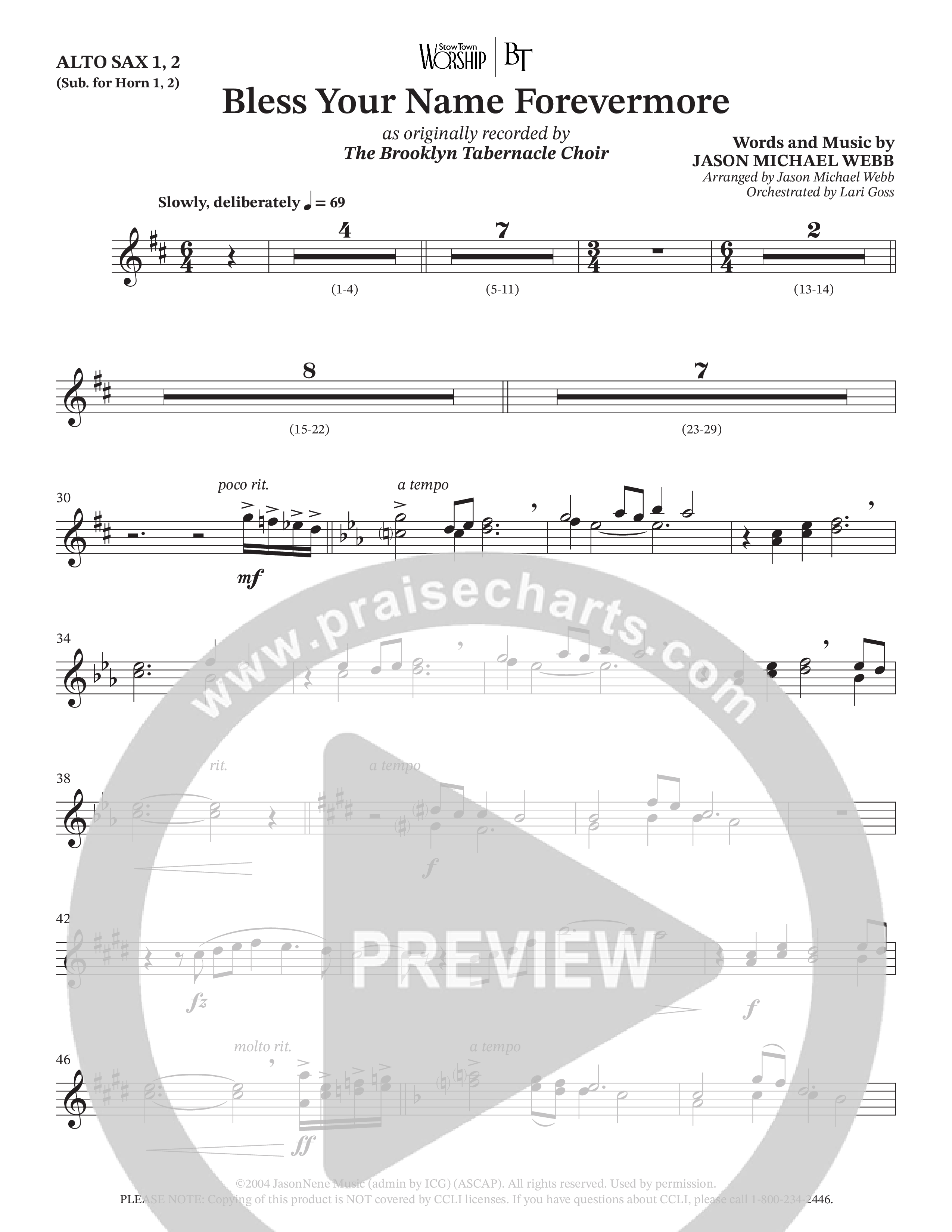 Bless Your Name Forevermore (Choral Anthem SATB) Alto Sax (The Brooklyn Tabernacle Choir / Arr. Michael Webb / Orch. Lari Goss)