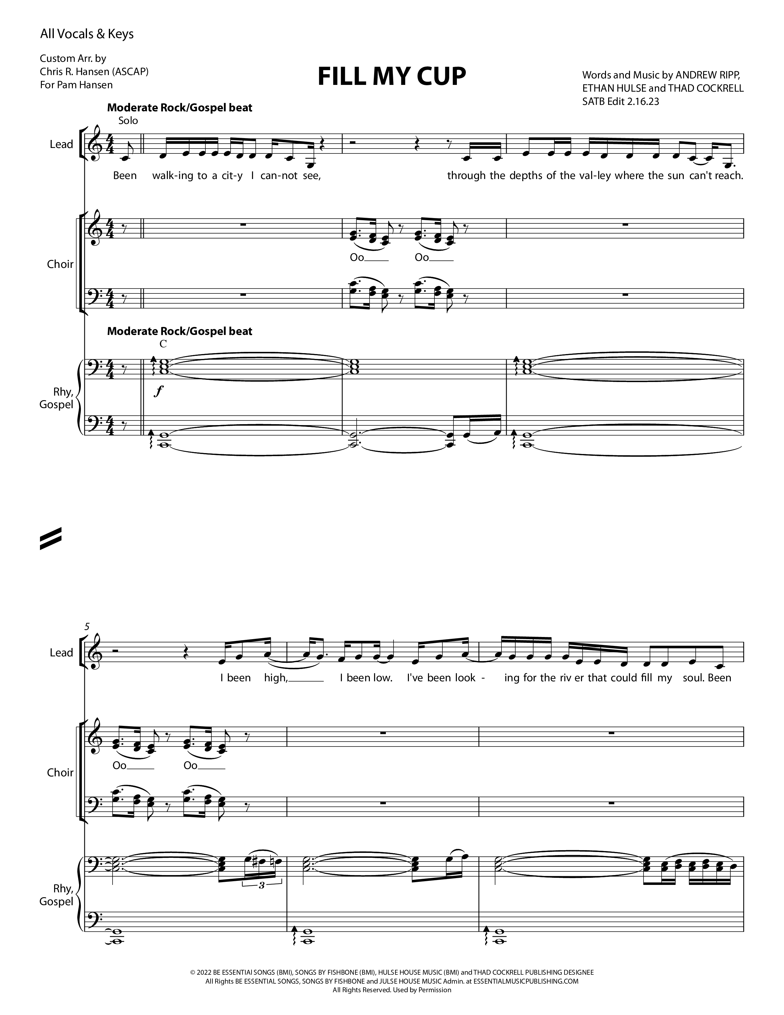Fill My Cup Piano/Vocal (SATB) (Chris Hansen)