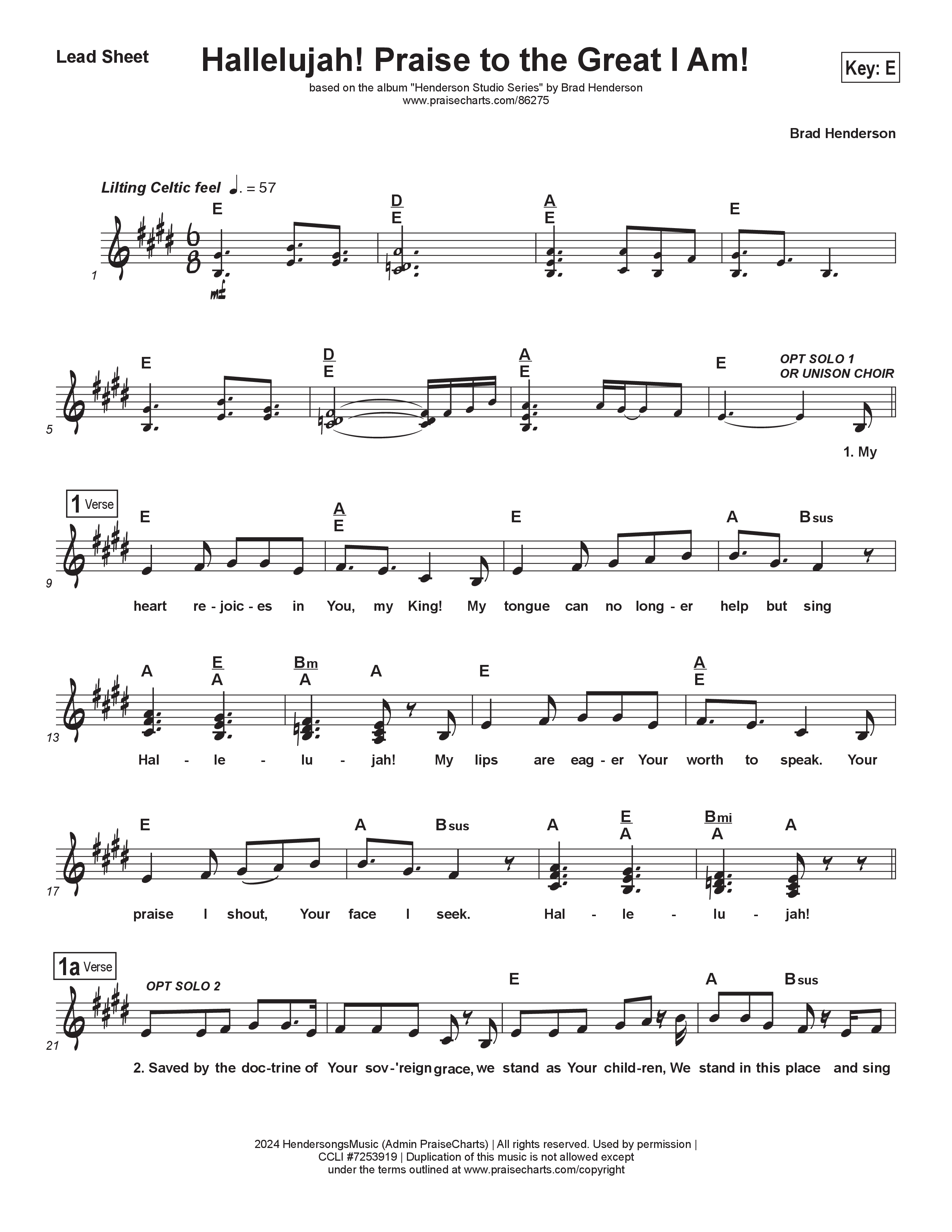 Hallelujah Praise To The Great I Am (Choral Anthem SATB) Lead Sheet (SAT) (Brad Henderson)